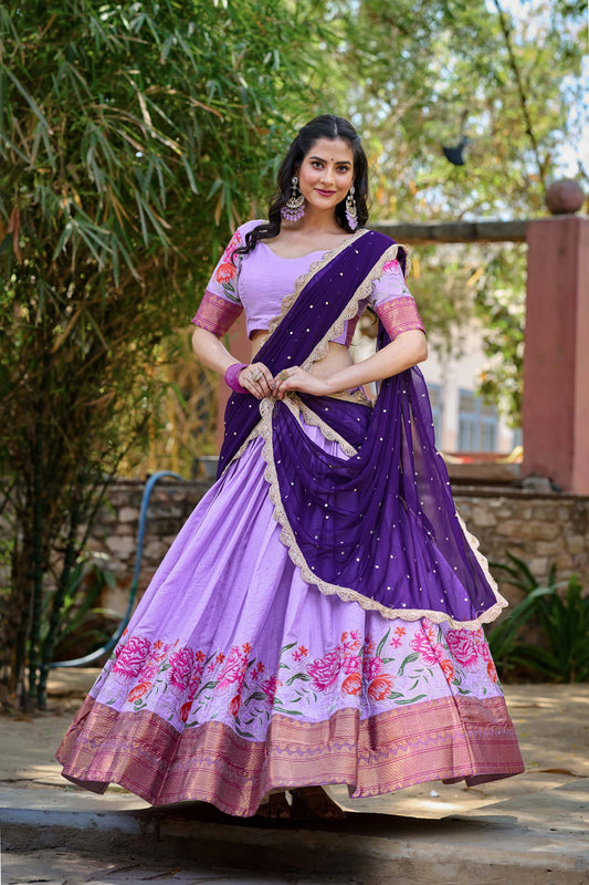 Lorenvalley Fashion Lavender Cotton Silk Thread Embroidery Work Lehenga Choli with Dupatta - Swadesiicart