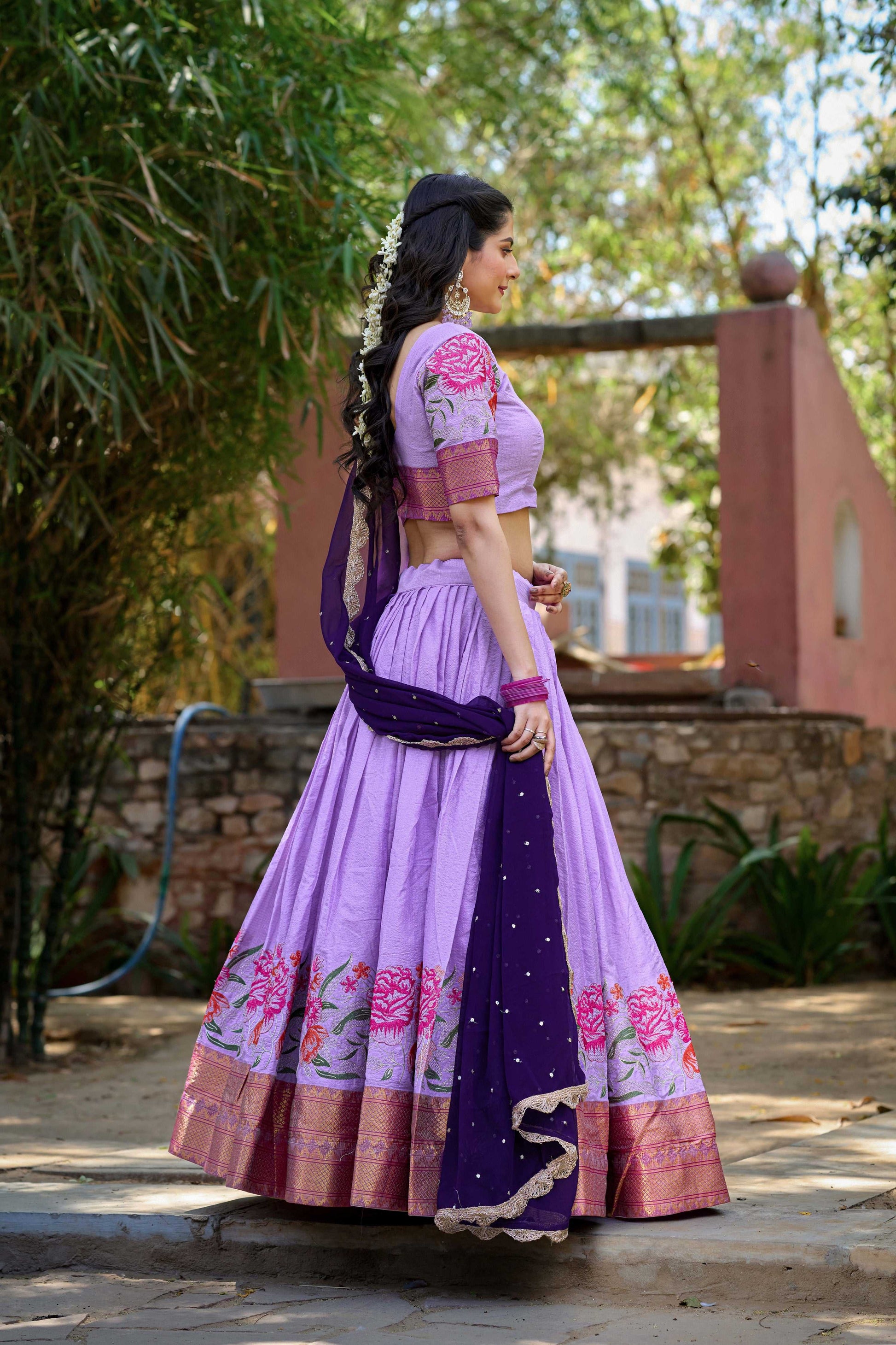 Lorenvalley Fashion Lavender Cotton Silk Thread Embroidery Work Lehenga Choli with Dupatta - Swadesiicart