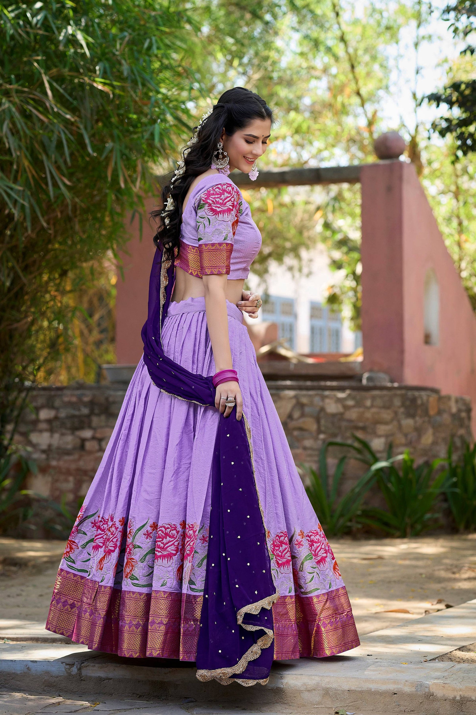 Lorenvalley Fashion Lavender Cotton Silk Thread Embroidery Work Lehenga Choli with Dupatta - Swadesiicart