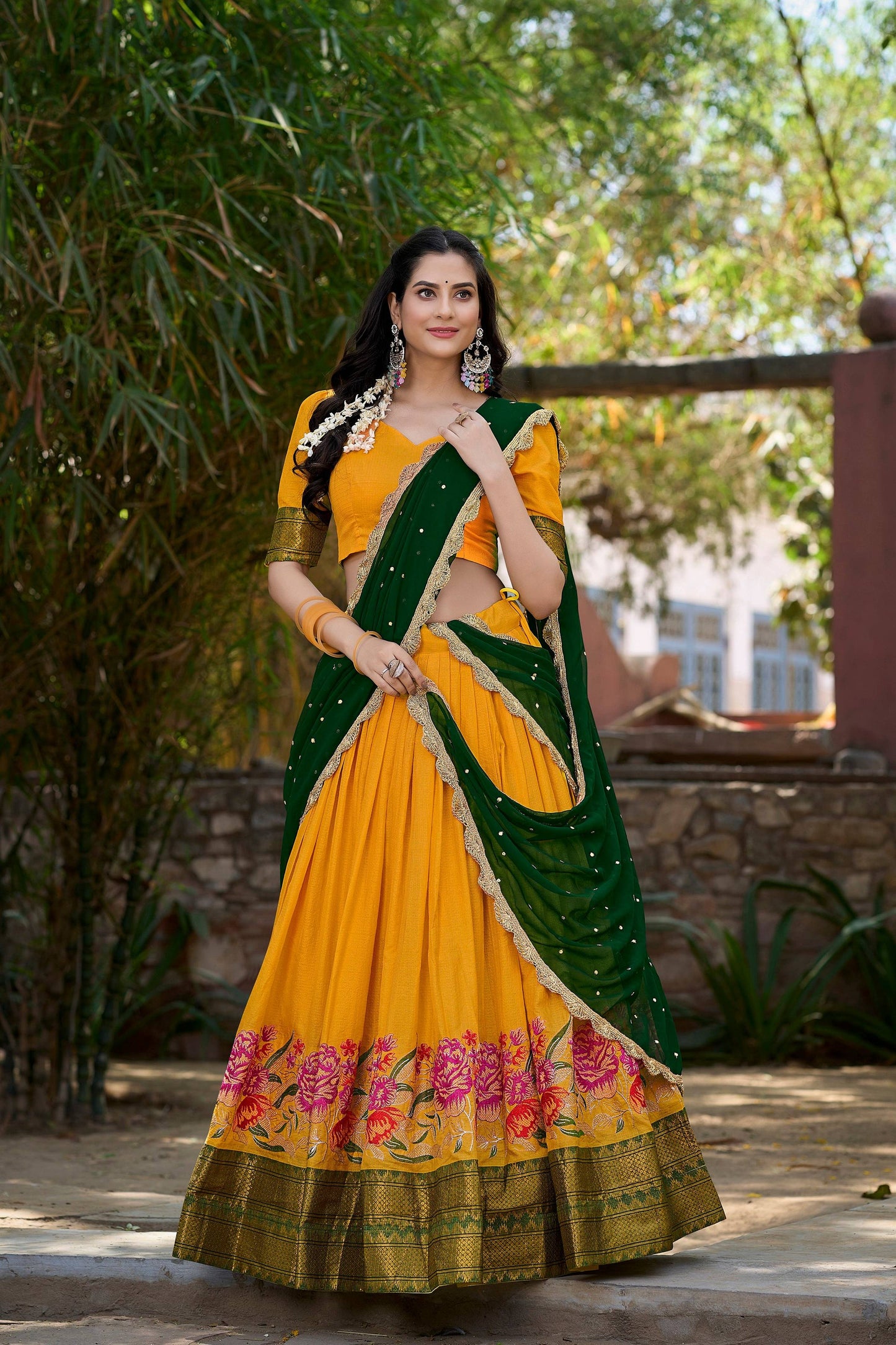 Lorenvalley Fashion Mustard Cotton Silk Thread Embroidery Work Lehenga Choli with Dupatta - Swadesiicart