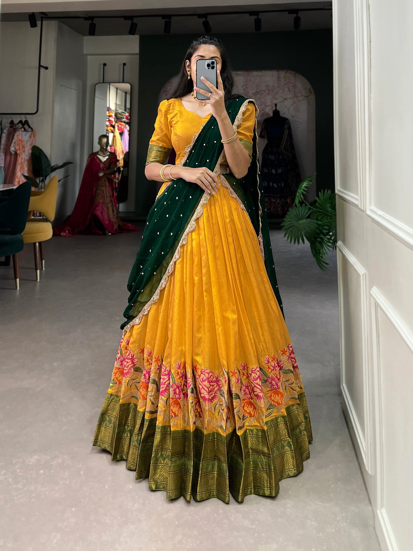 Lorenvalley Fashion Mustard Cotton Silk Thread Embroidery Work Lehenga Choli with Dupatta - Swadesiicart