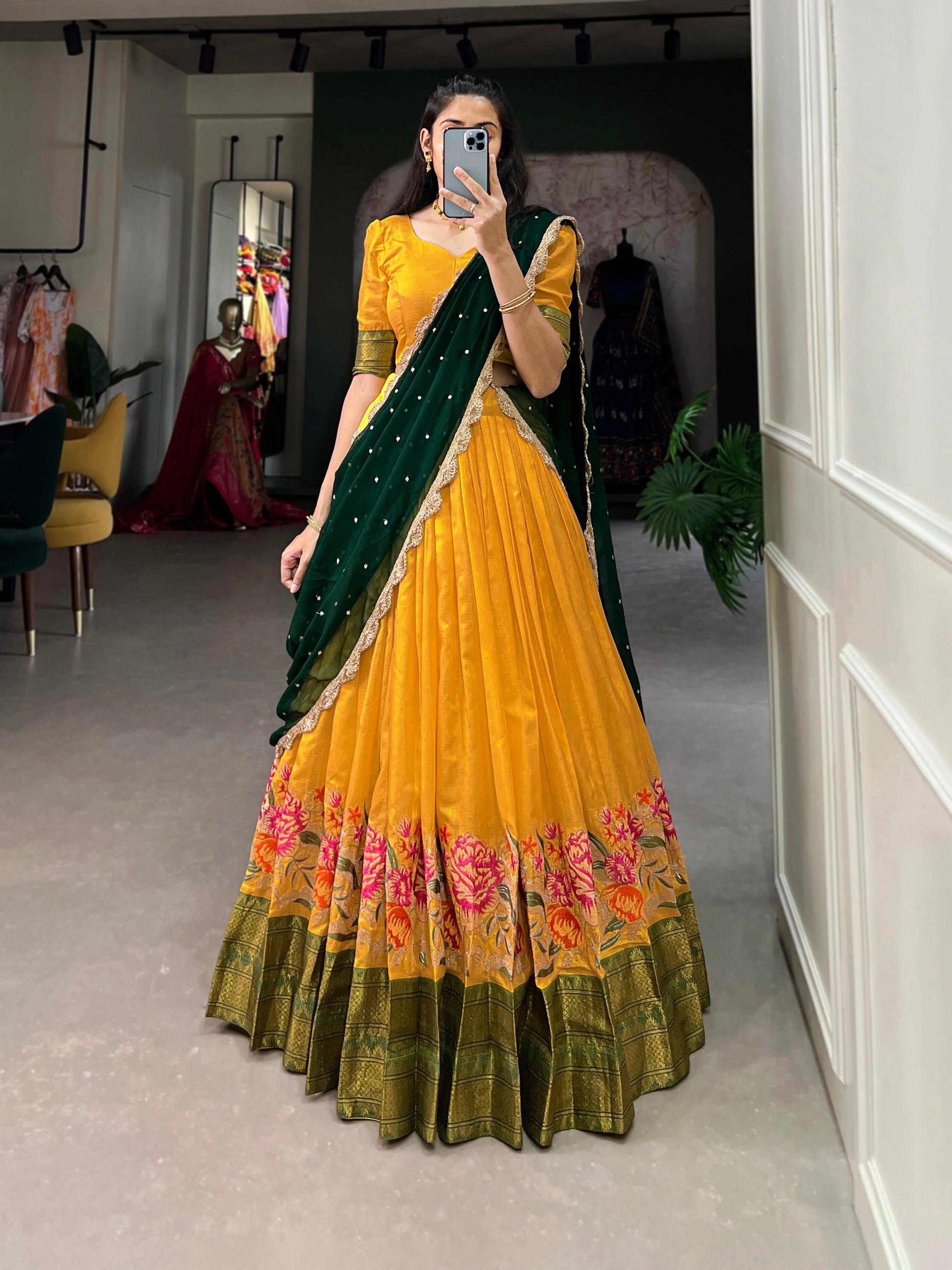 Lorenvalley Fashion Mustard Cotton Silk Thread Embroidery Work Lehenga Choli with Dupatta - Swadesiicart