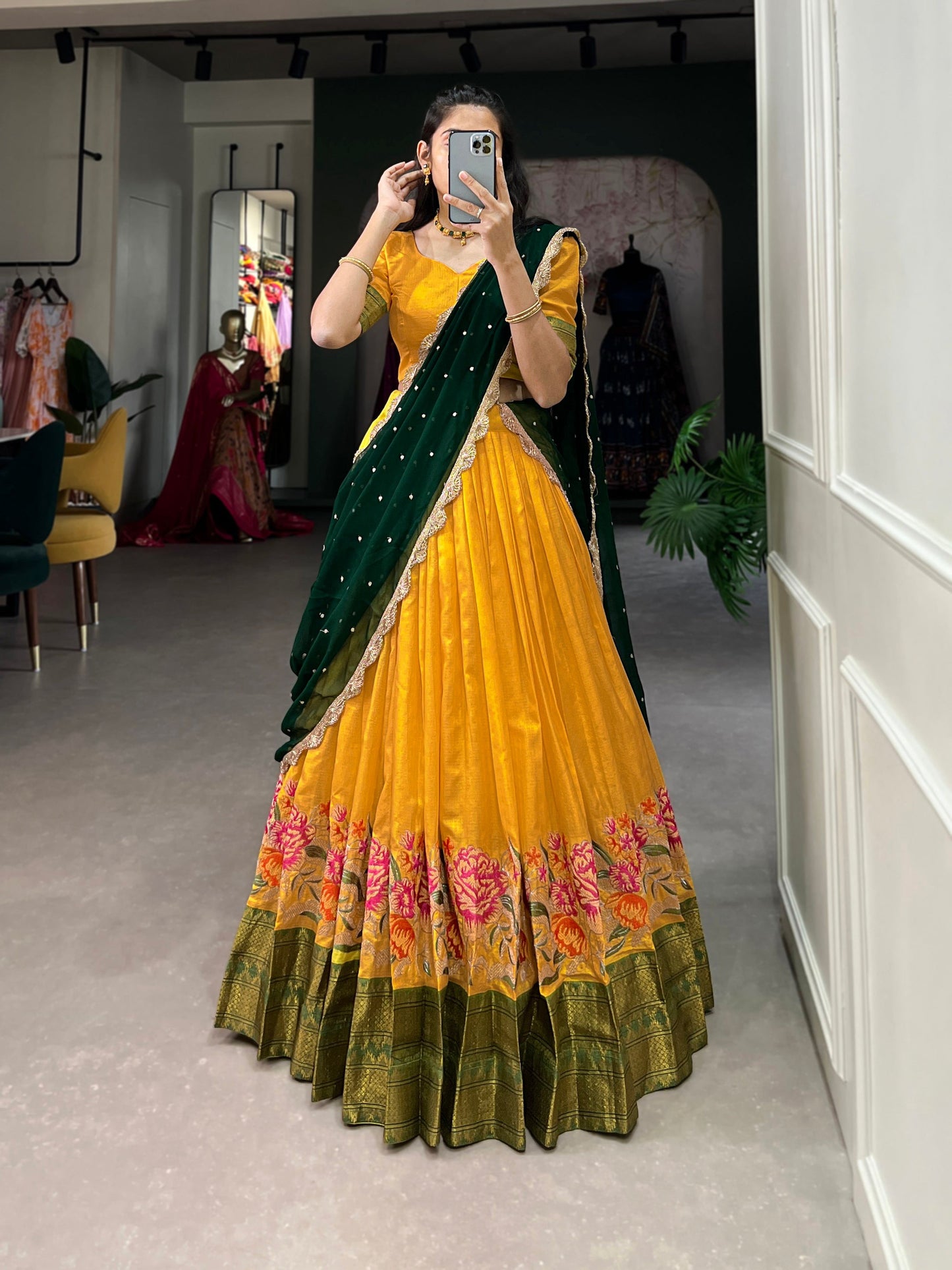 Lorenvalley Fashion Mustard Cotton Silk Thread Embroidery Work Lehenga Choli with Dupatta - Swadesiicart