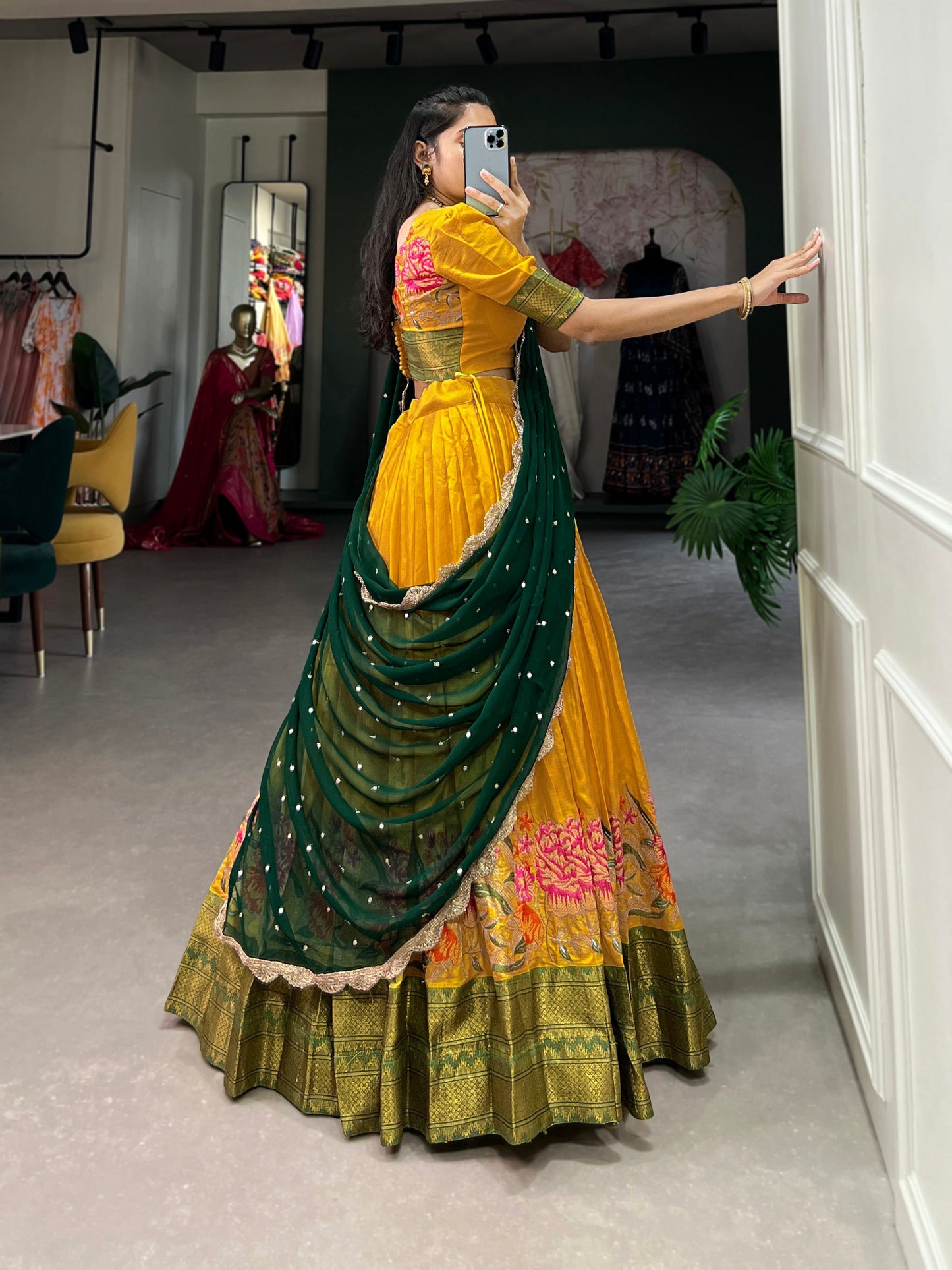 Lorenvalley Fashion Mustard Cotton Silk Thread Embroidery Work Lehenga Choli with Dupatta - Swadesiicart