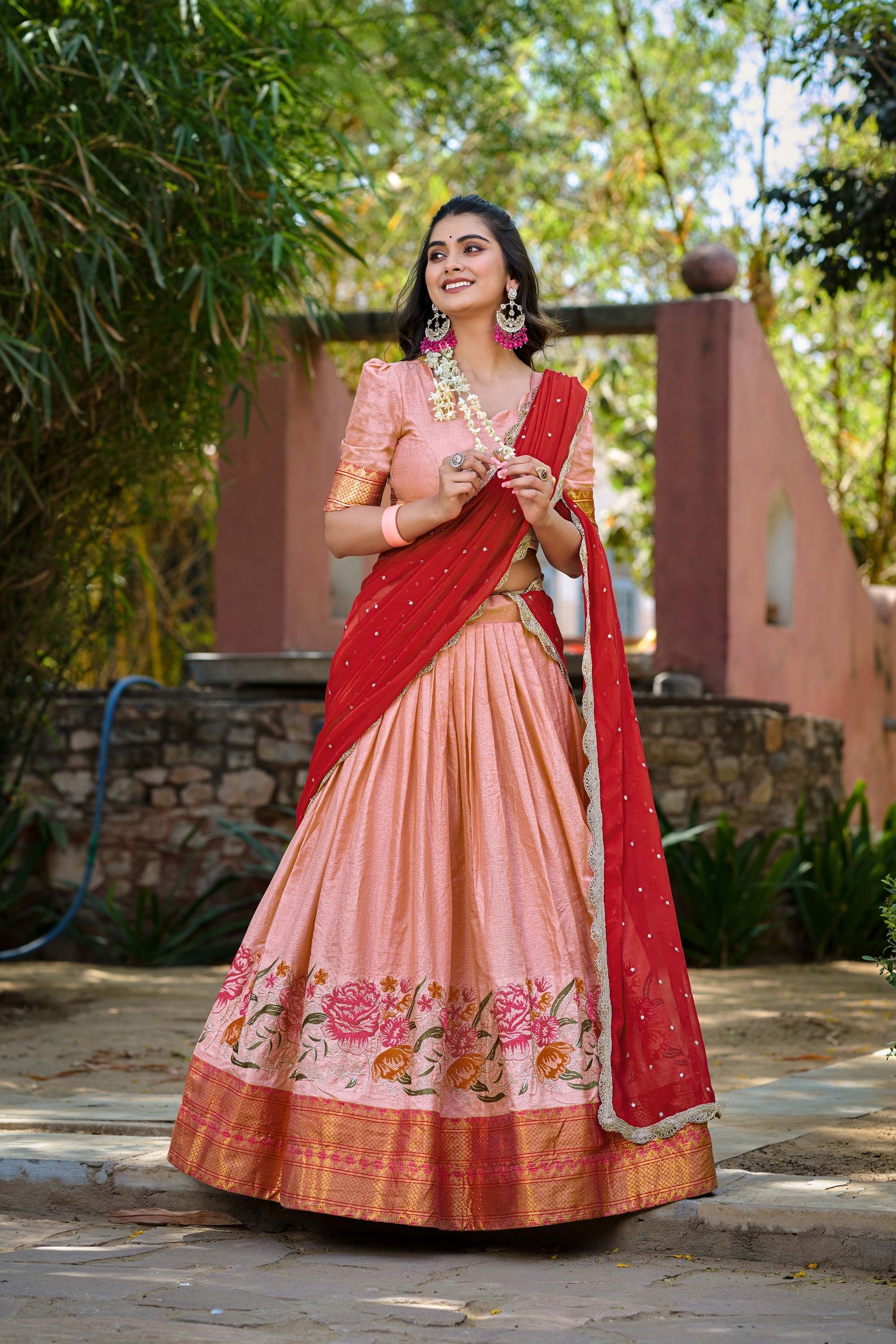 Lorenvalley Fashion Peach Cotton Silk Thread Embroidery Work Lehenga Choli with Dupatta | Swadesiicart