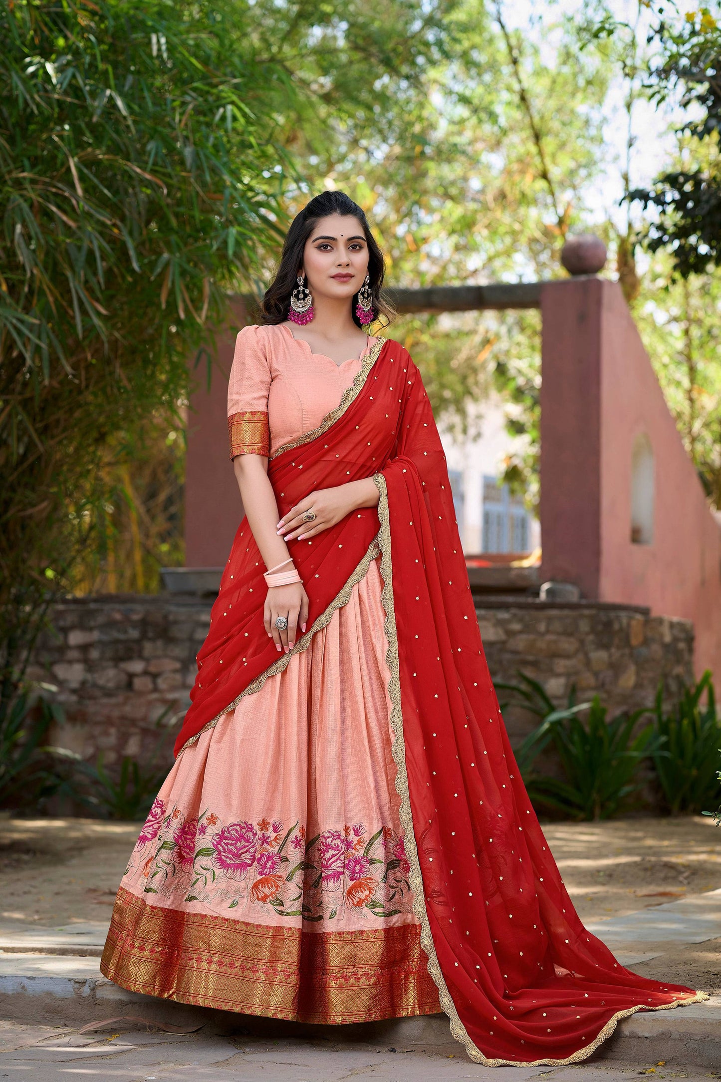 Lorenvalley Fashion Peach Cotton Silk Thread Embroidery Work Lehenga Choli with Dupatta | Swadesiicart