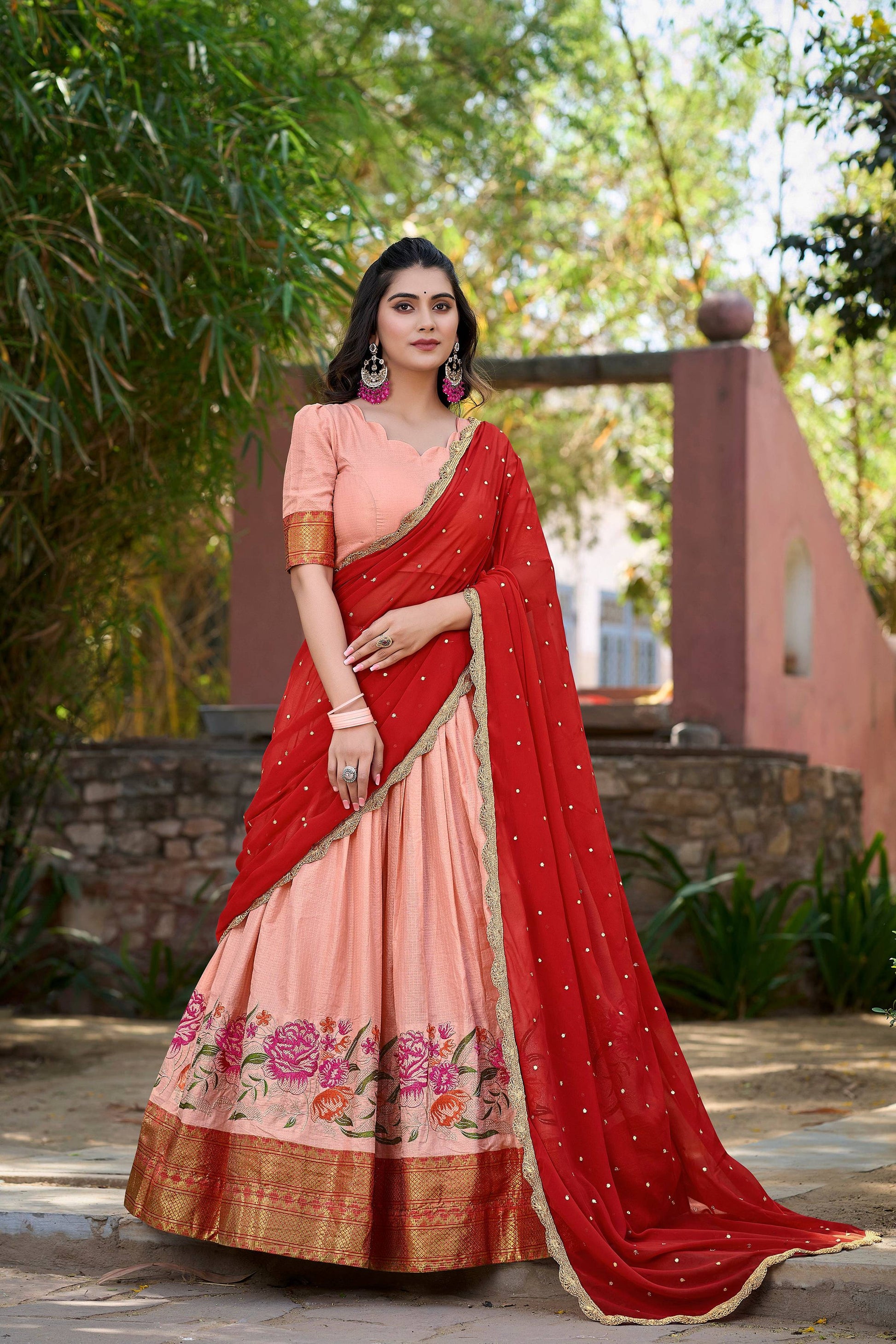 Lorenvalley Fashion Peach Cotton Silk Thread Embroidery Work Lehenga Choli with Dupatta | Swadesiicart