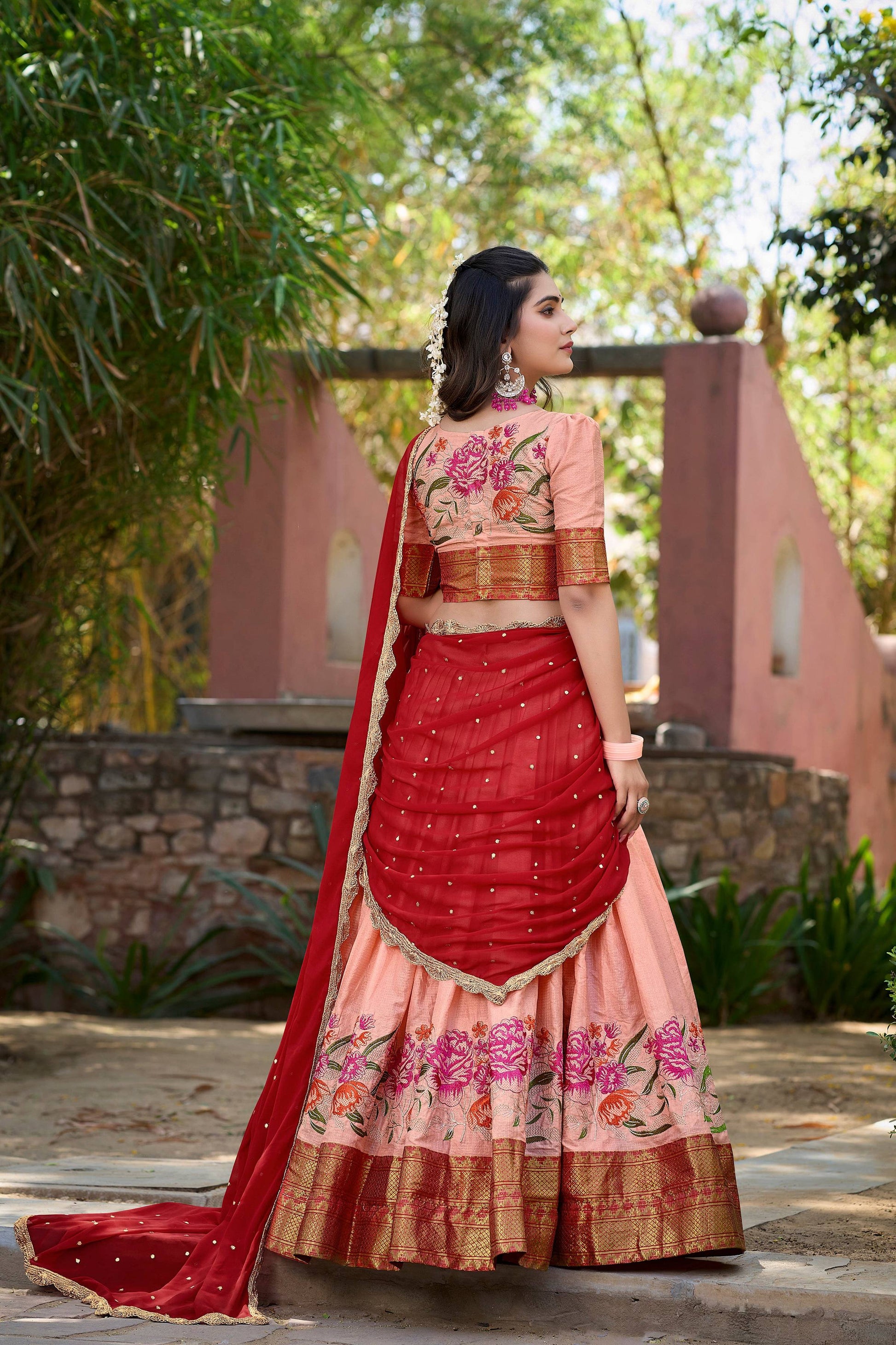 Lorenvalley Fashion Peach Cotton Silk Thread Embroidery Work Lehenga Choli with Dupatta | Swadesiicart