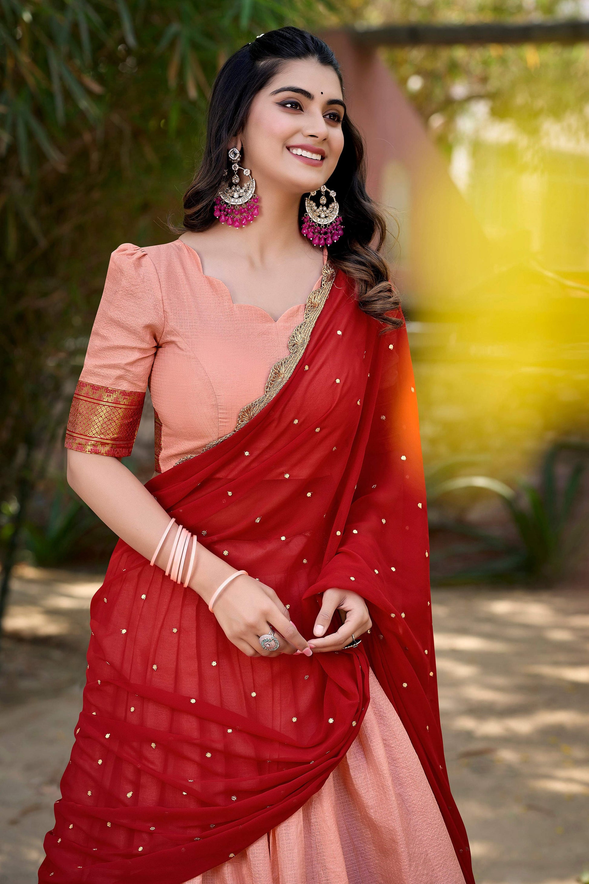 Lorenvalley Fashion Peach Cotton Silk Thread Embroidery Work Lehenga Choli with Dupatta | Swadesiicart