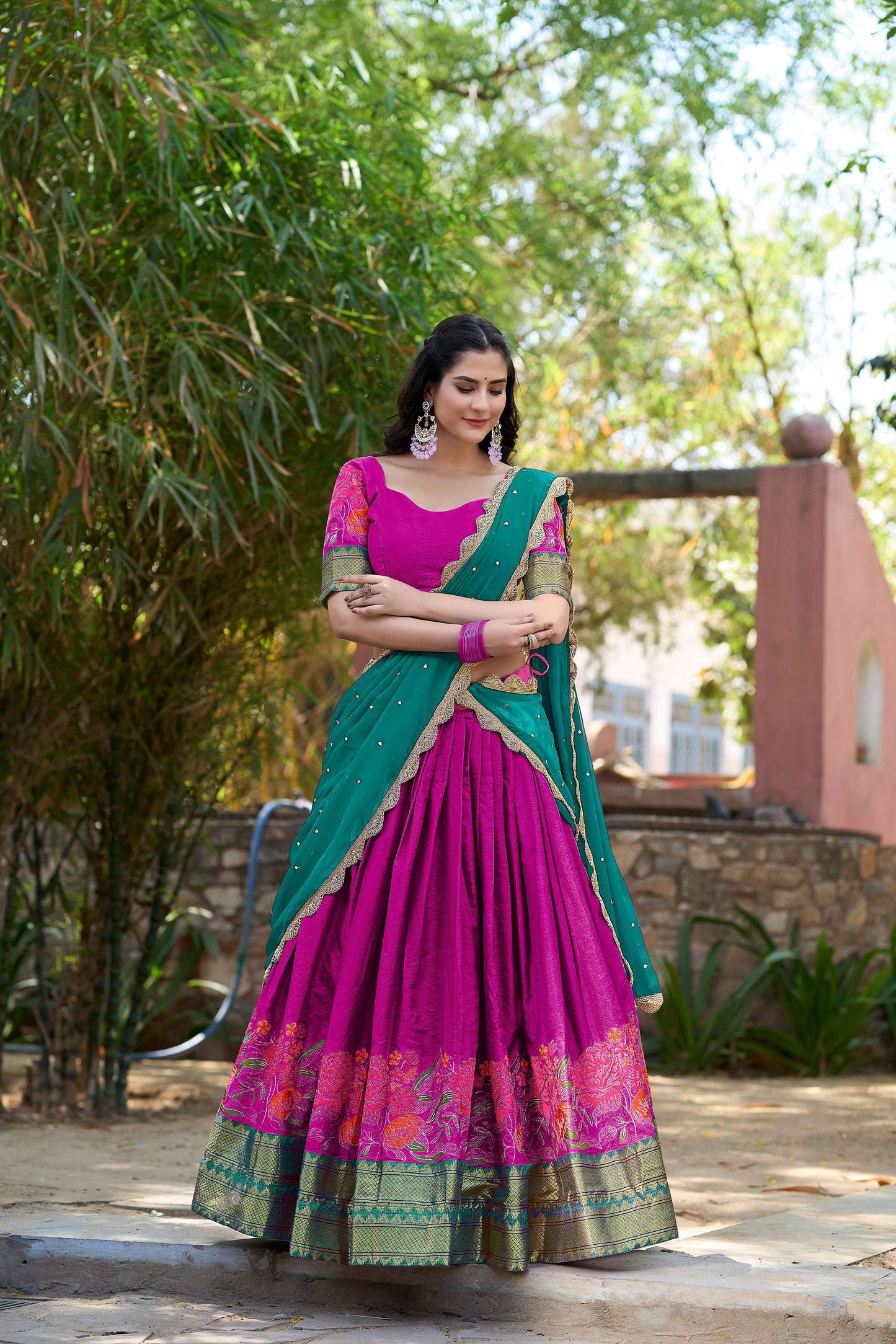Lorenvalley Fashion Pink Cotton Silk Thread Embroidery Work Lehenga Choli with Dupatta - Swadesiicart