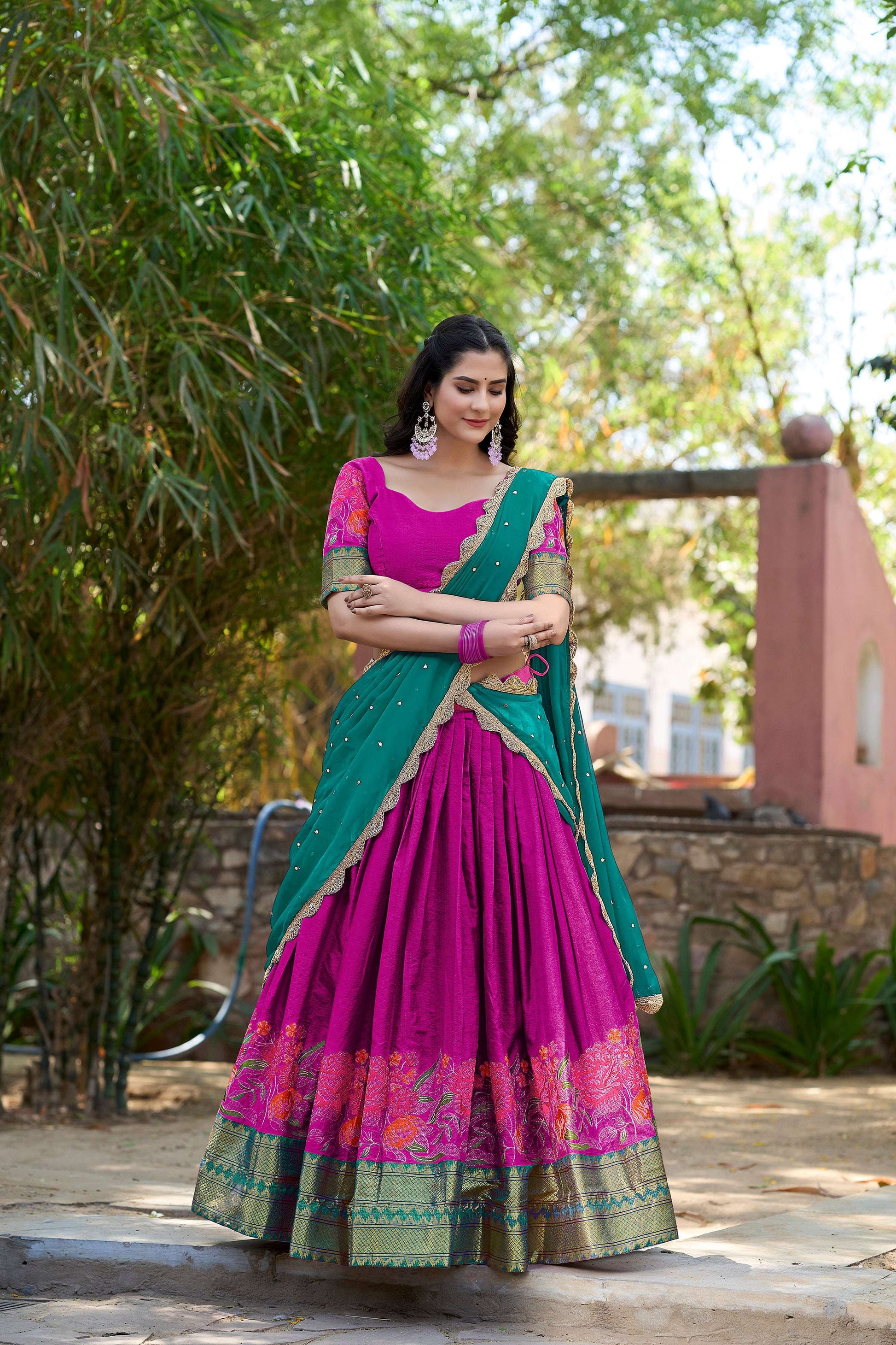 Lorenvalley Fashion Pink Cotton Silk Thread Embroidery Work Lehenga Choli with Dupatta - Swadesiicart