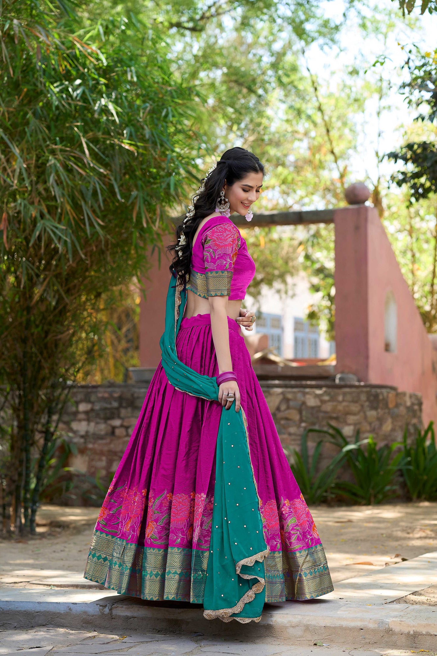 Lorenvalley Fashion Pink Cotton Silk Thread Embroidery Work Lehenga Choli with Dupatta - Swadesiicart