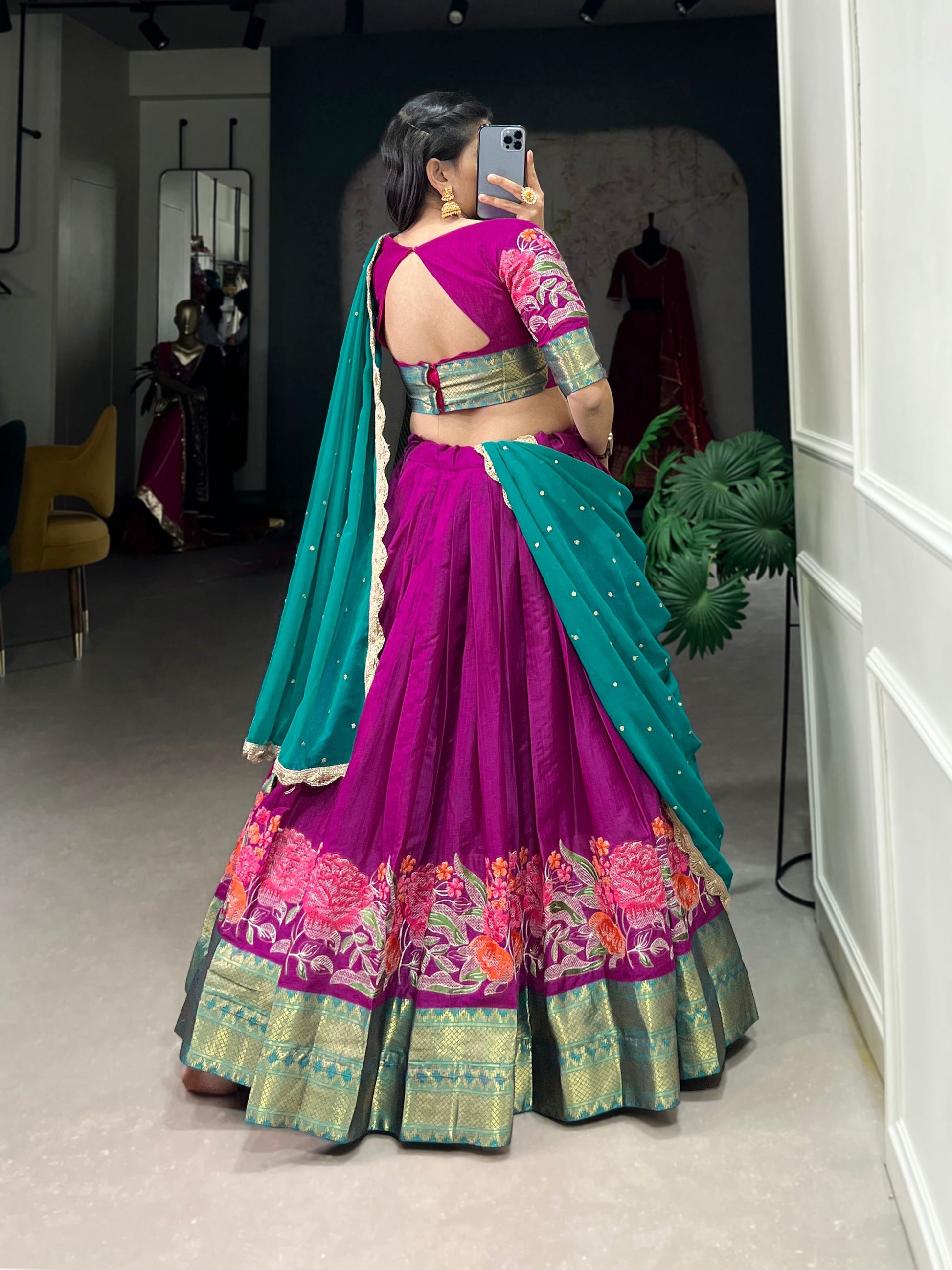 Lorenvalley Fashion Pink Cotton Silk Thread Embroidery Work Lehenga Choli with Dupatta - Swadesiicart