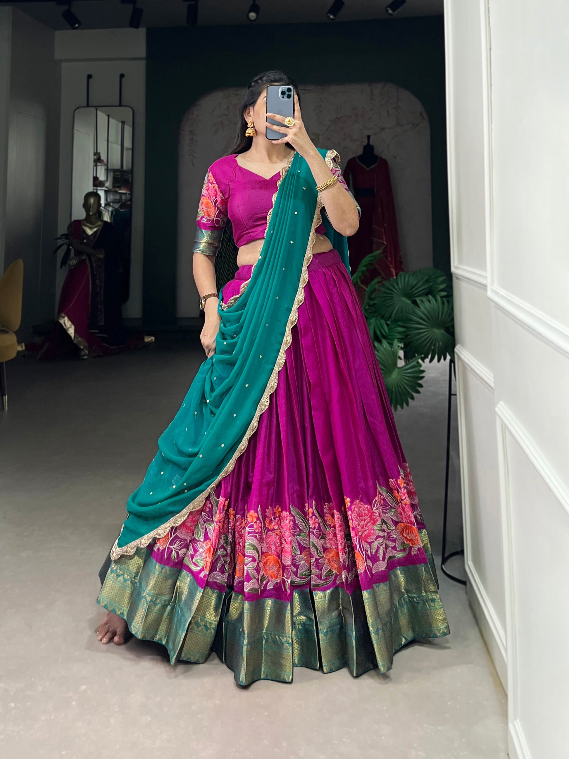 Lorenvalley Fashion Pink Cotton Silk Thread Embroidery Work Lehenga Choli with Dupatta - Swadesiicart