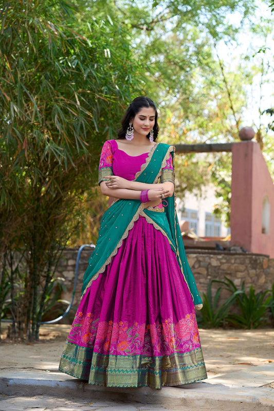 Lorenvalley Fashion Pink Cotton Silk Thread Embroidery Work Lehenga Choli with Dupatta - Swadesiicart