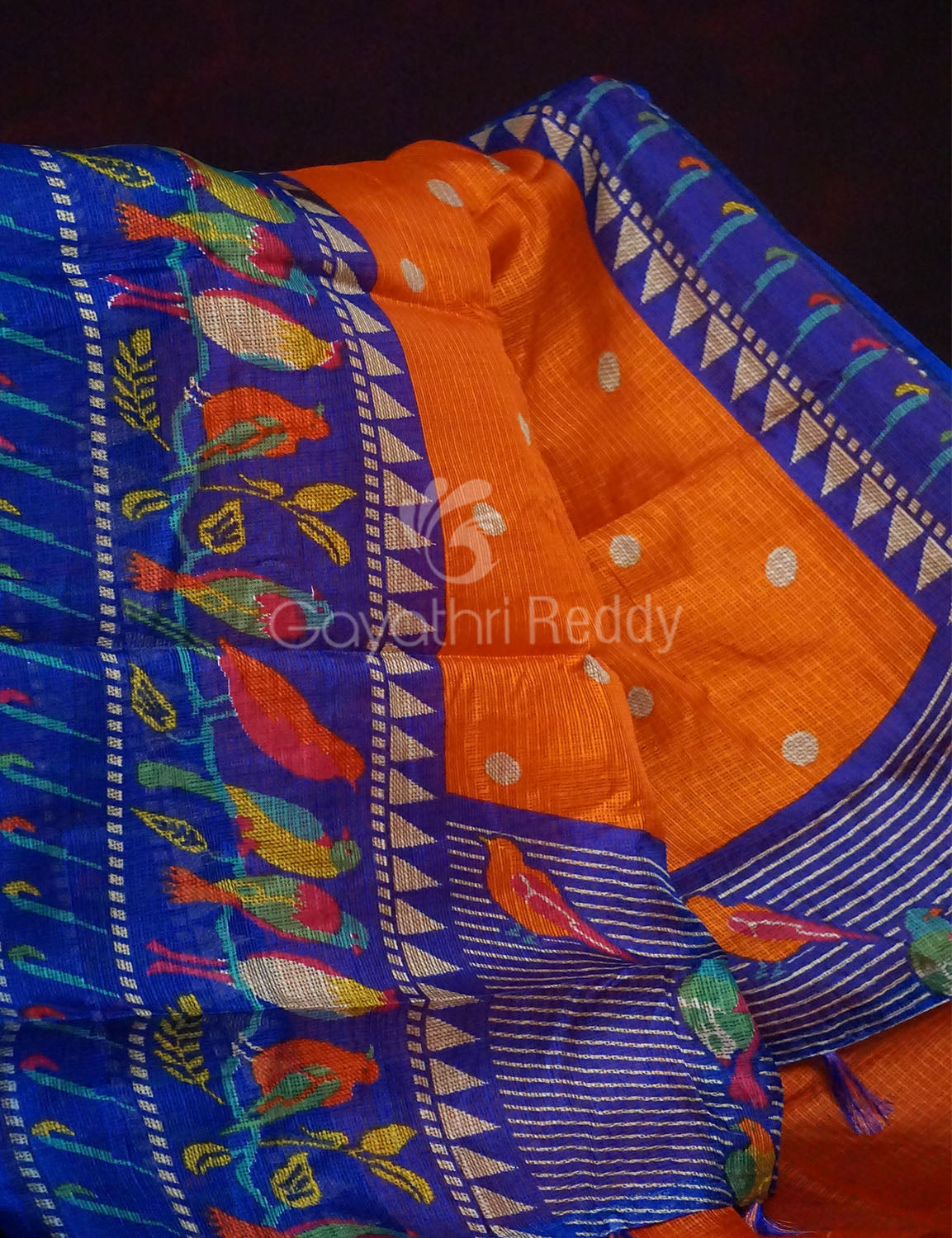 Orange Coloured Saree With Contrast Royal Blue Printed Semi Soft Silk Kota Saree By Gayathri Reddy Designer Studio | Swadesiicart