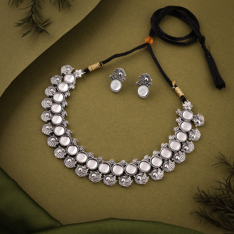 Tehzeeb Creations Silver Plated White Colour Stone Jewellery Choker Necklace Set With Matching Pair of Stud Earrings - Swadesiicart