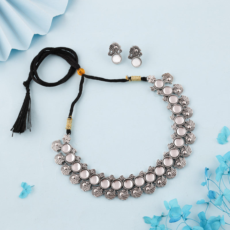 Tehzeeb Creations Silver Plated White Colour Stone Jewellery Choker Necklace Set With Matching Pair of Stud Earrings - Swadesiicart