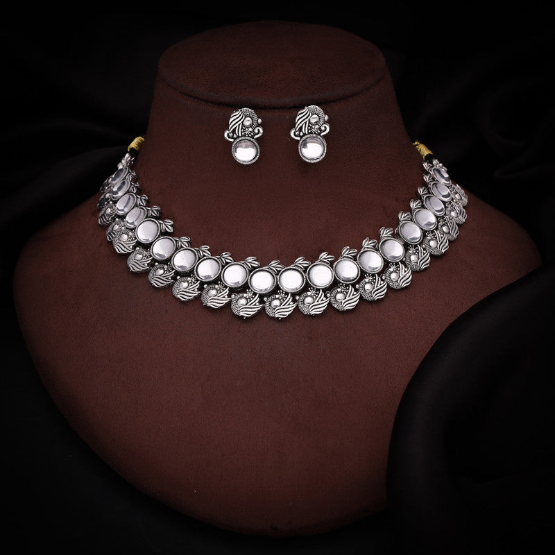 Tehzeeb Creations Silver Plated White Colour Stone Jewellery Choker Necklace Set With Matching Pair of Stud Earrings - Swadesiicart