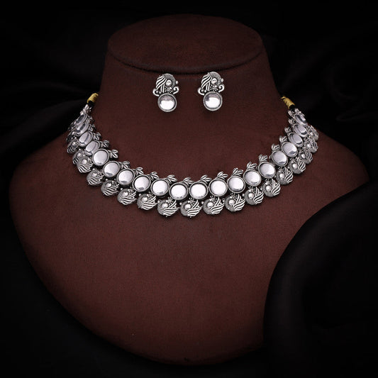 Tehzeeb Creations Silver Plated White Colour Stone Jewellery Choker Necklace Set With Matching Pair of Stud Earrings - Swadesiicart