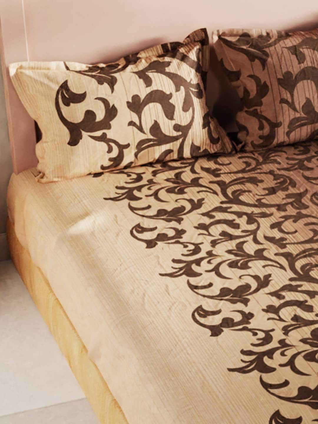BIANCA Brown Floral 200 TC King Bedsheet with 2 Pillow Covers - Swadesiicart