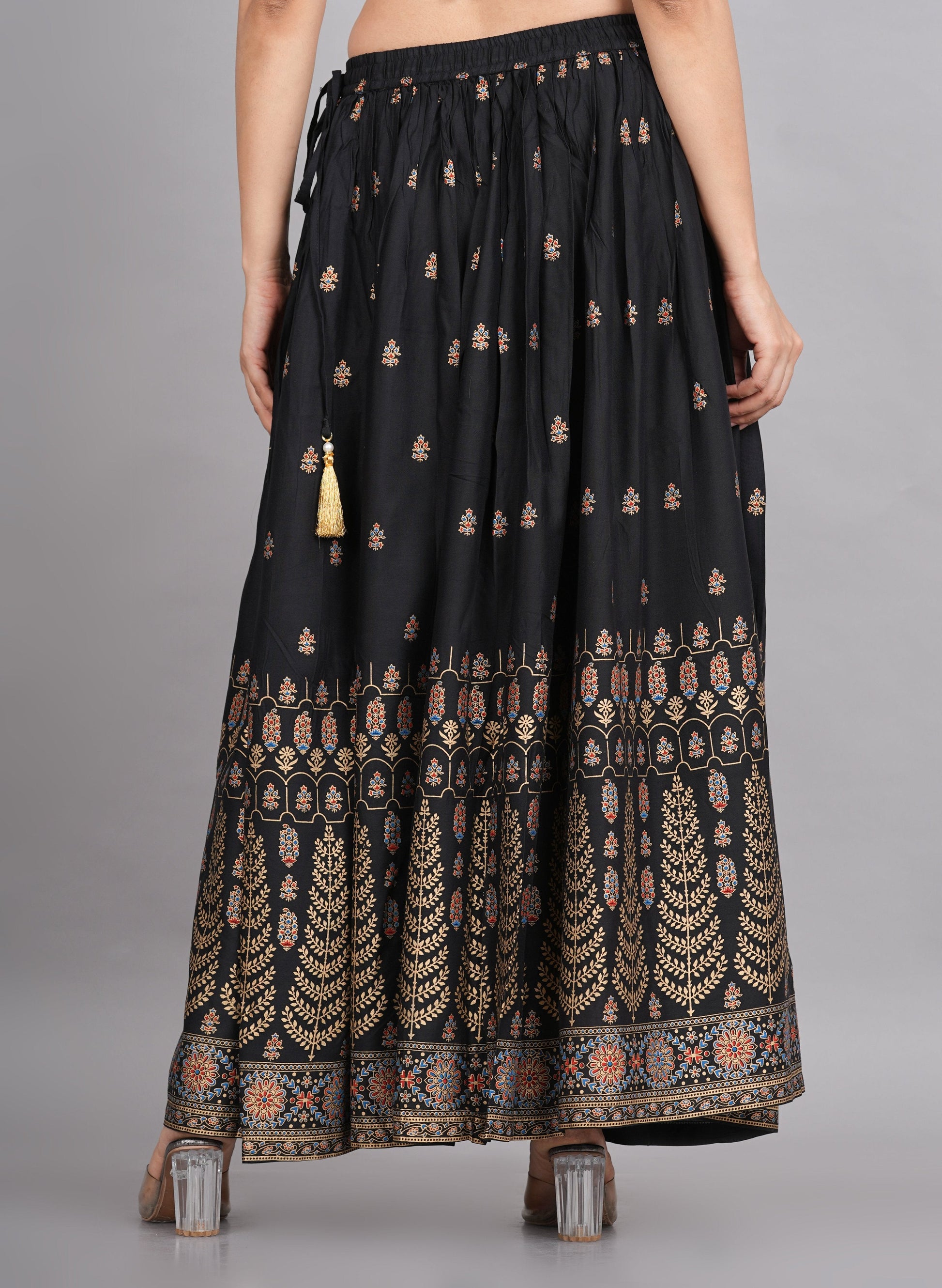 House of RP Women's Black & Golden Rayon Ethnic Printed Circular Skirt | Swadesiicart