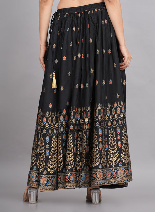 House of RP Women's Black & Golden Rayon Ethnic Printed Circular Skirt | Swadesiicart