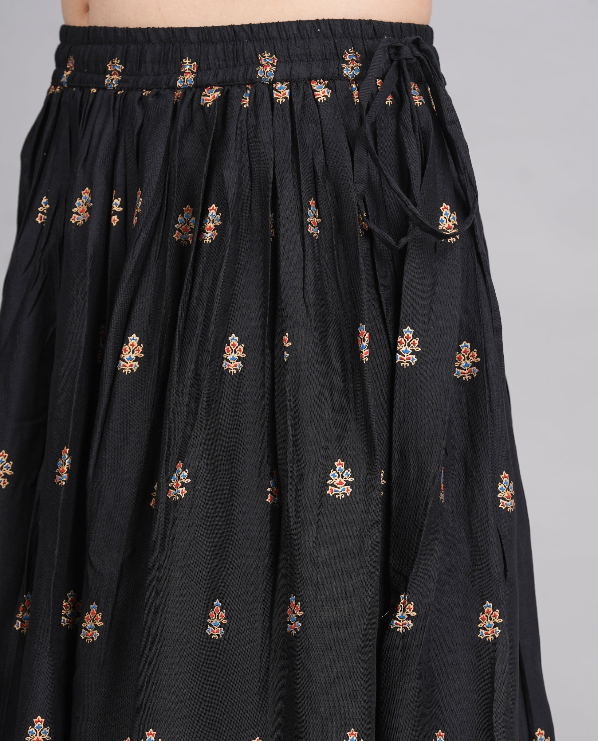 House of RP Women's Black & Golden Rayon Ethnic Printed Circular Skirt | Swadesiicart