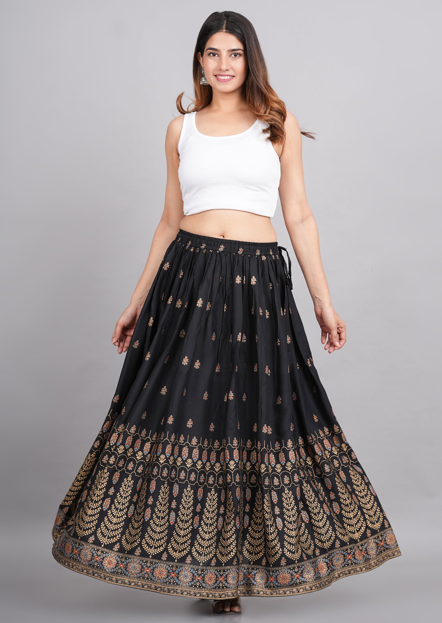 House of RP Women's Black & Golden Rayon Ethnic Printed Circular Skirt | Swadesiicart
