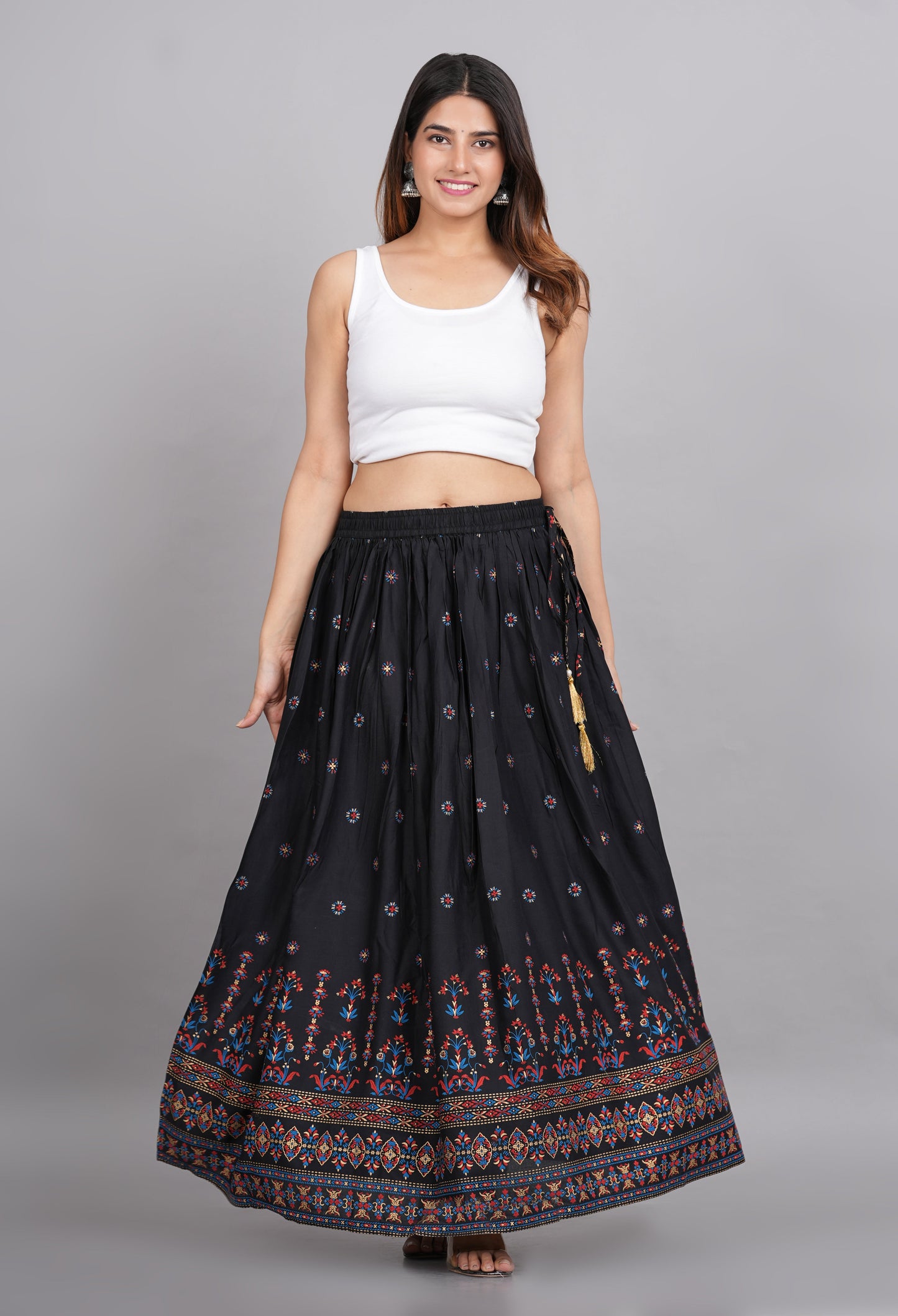 House of RP Women's Black & Pink Rayon Ethnic Printed Circular Skirt | Swadesiicart