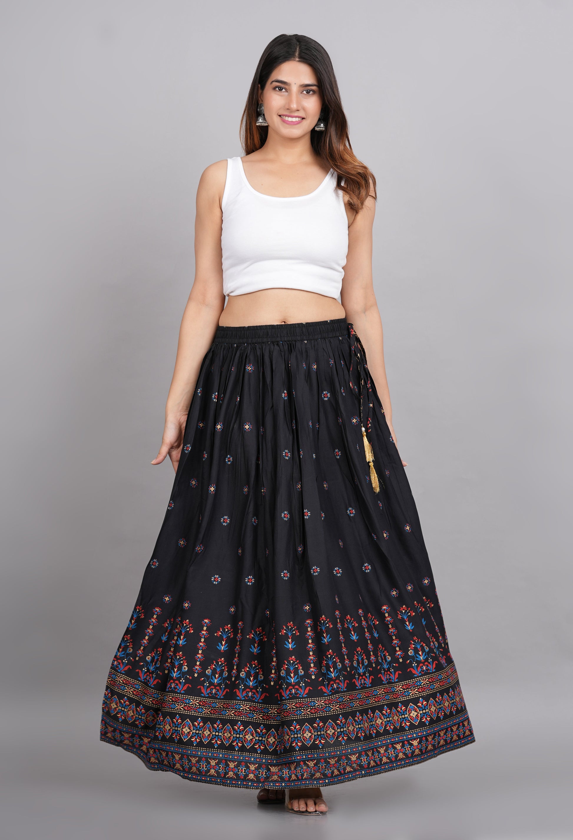 House of RP Women's Black & Pink Rayon Ethnic Printed Circular Skirt | Swadesiicart