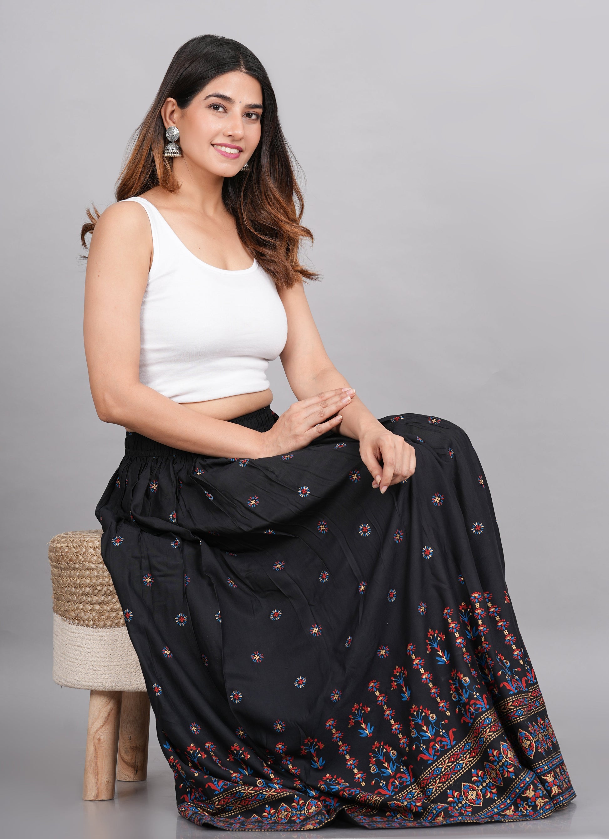 House of RP Women's Black & Pink Rayon Ethnic Printed Circular Skirt | Swadesiicart