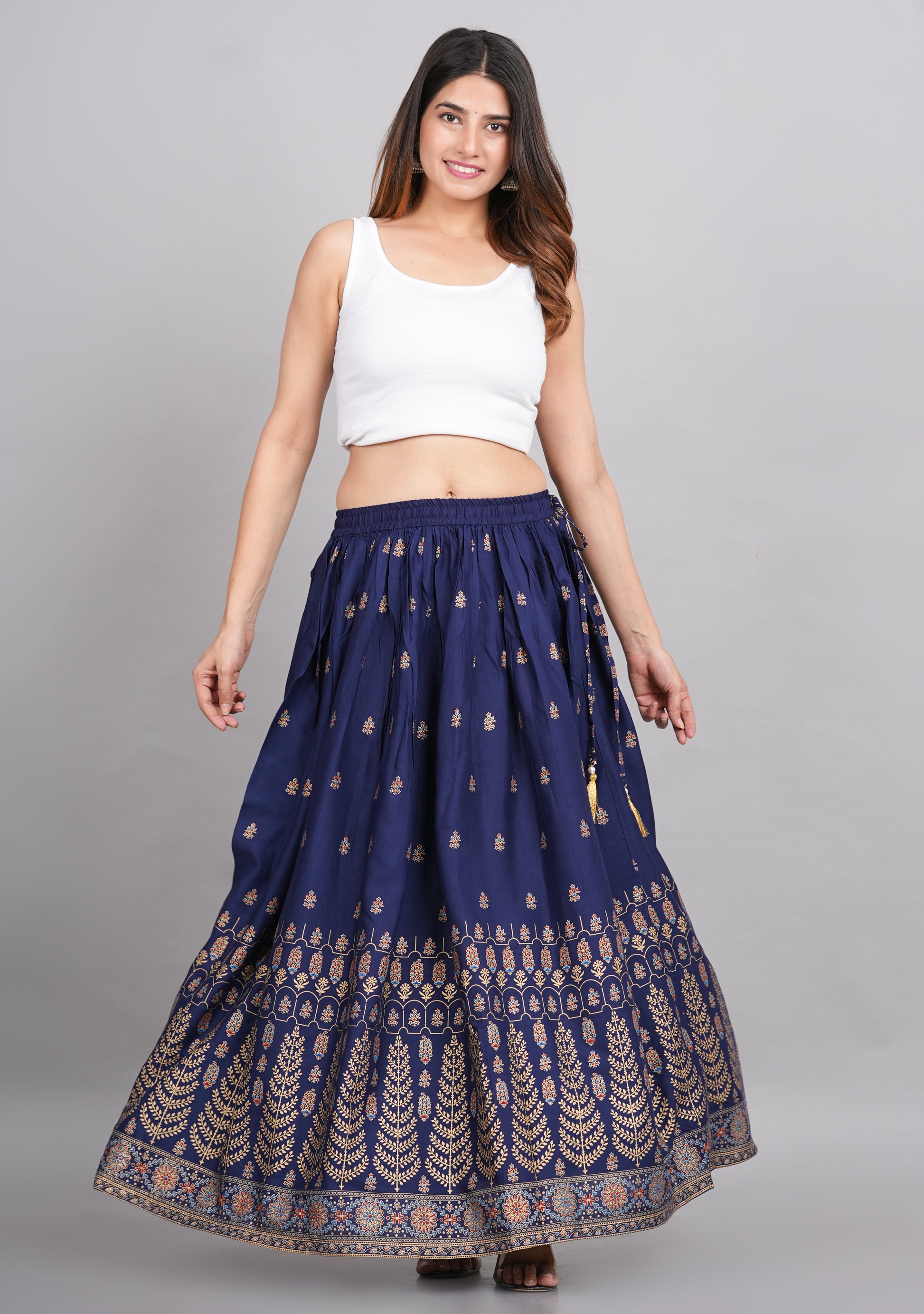 House of RP Women's Blue Rayon Ethnic Printed Circular Skirt | Swadesiicart