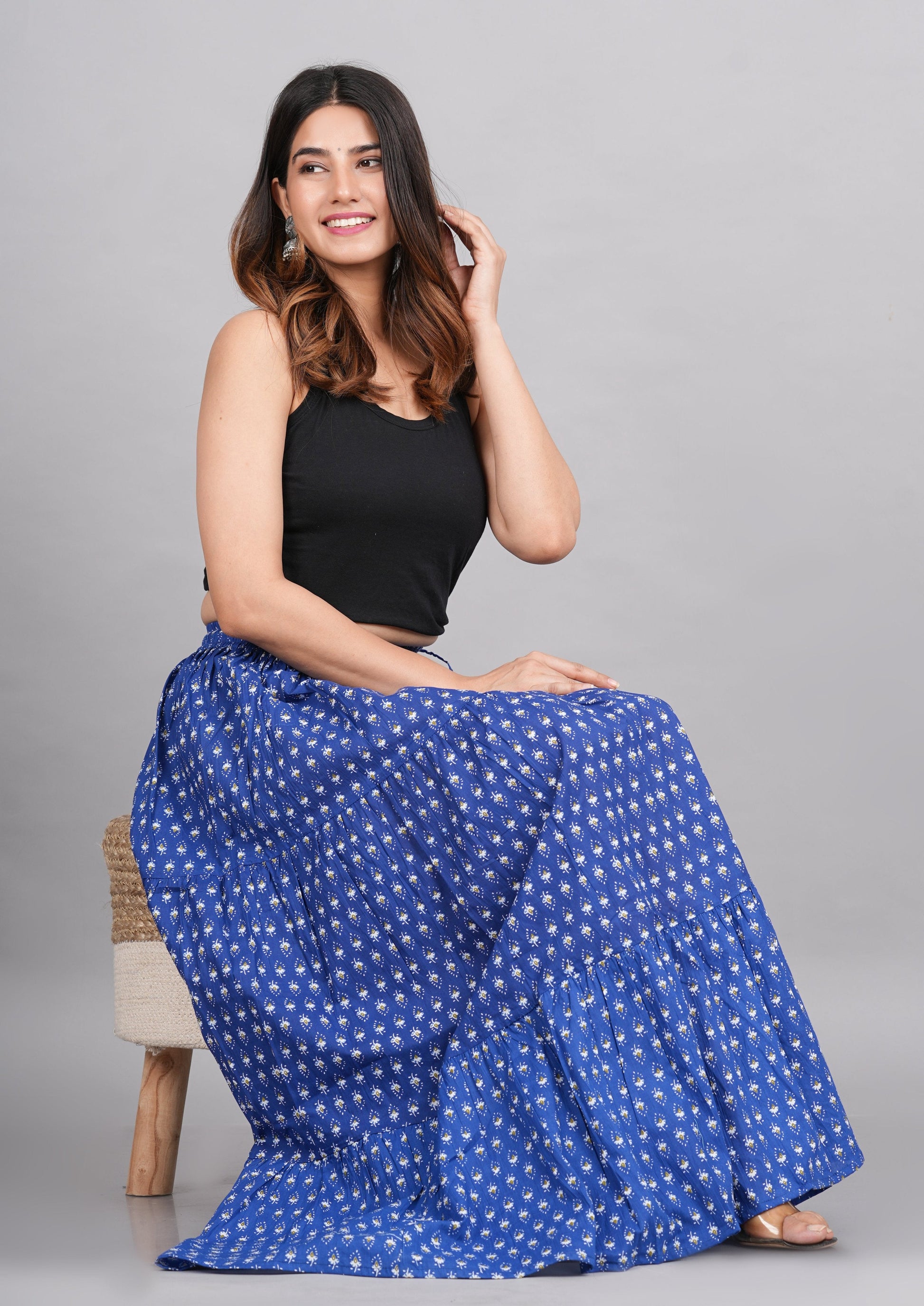House of RP Women's Light Blue Rayon Ethnic Printed Circular Skirt | Swadesiicart
