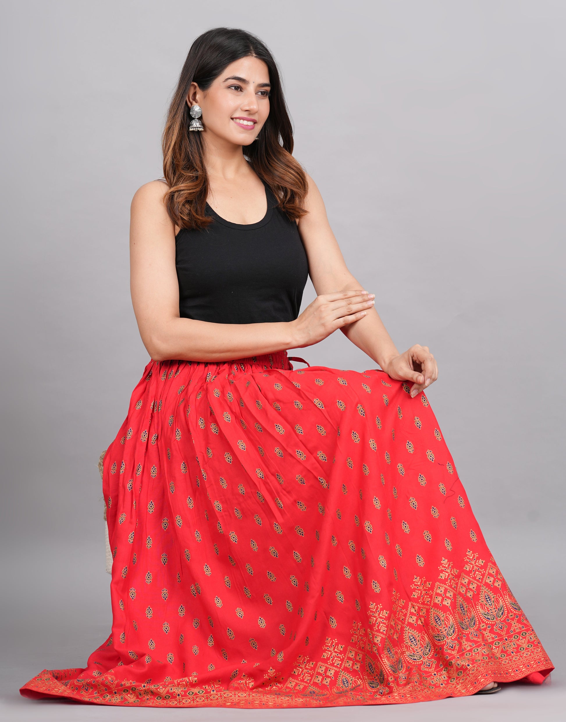 House of RP Women's Red Rayon Ethnic Printed Circular Skirt | Swadesiicart
