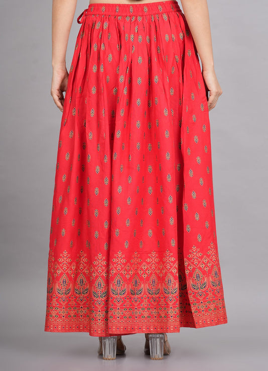 House of RP Women's Red Rayon Ethnic Printed Circular Skirt | Swadesiicart
