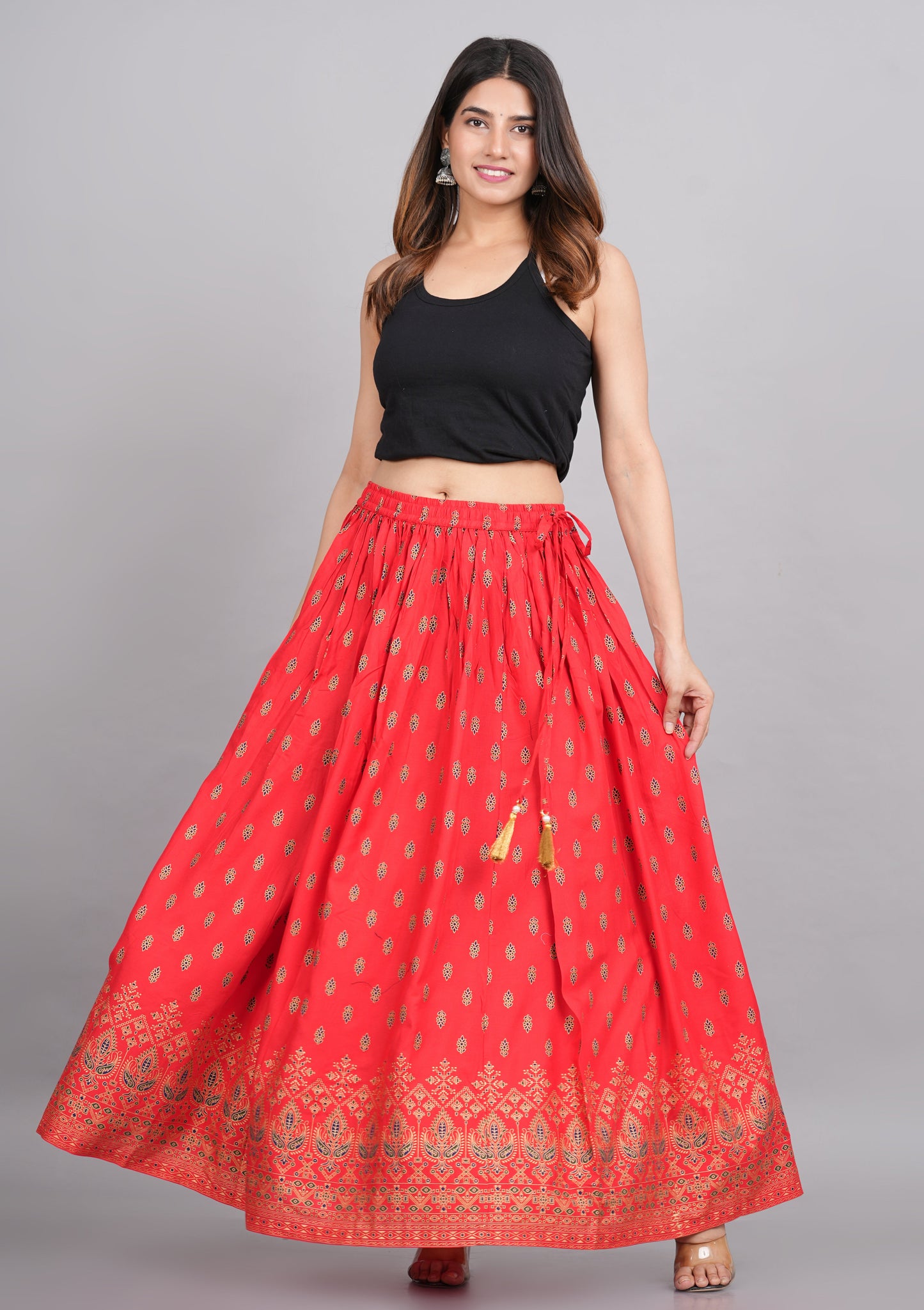 House of RP Women's Red Rayon Ethnic Printed Circular Skirt | Swadesiicart