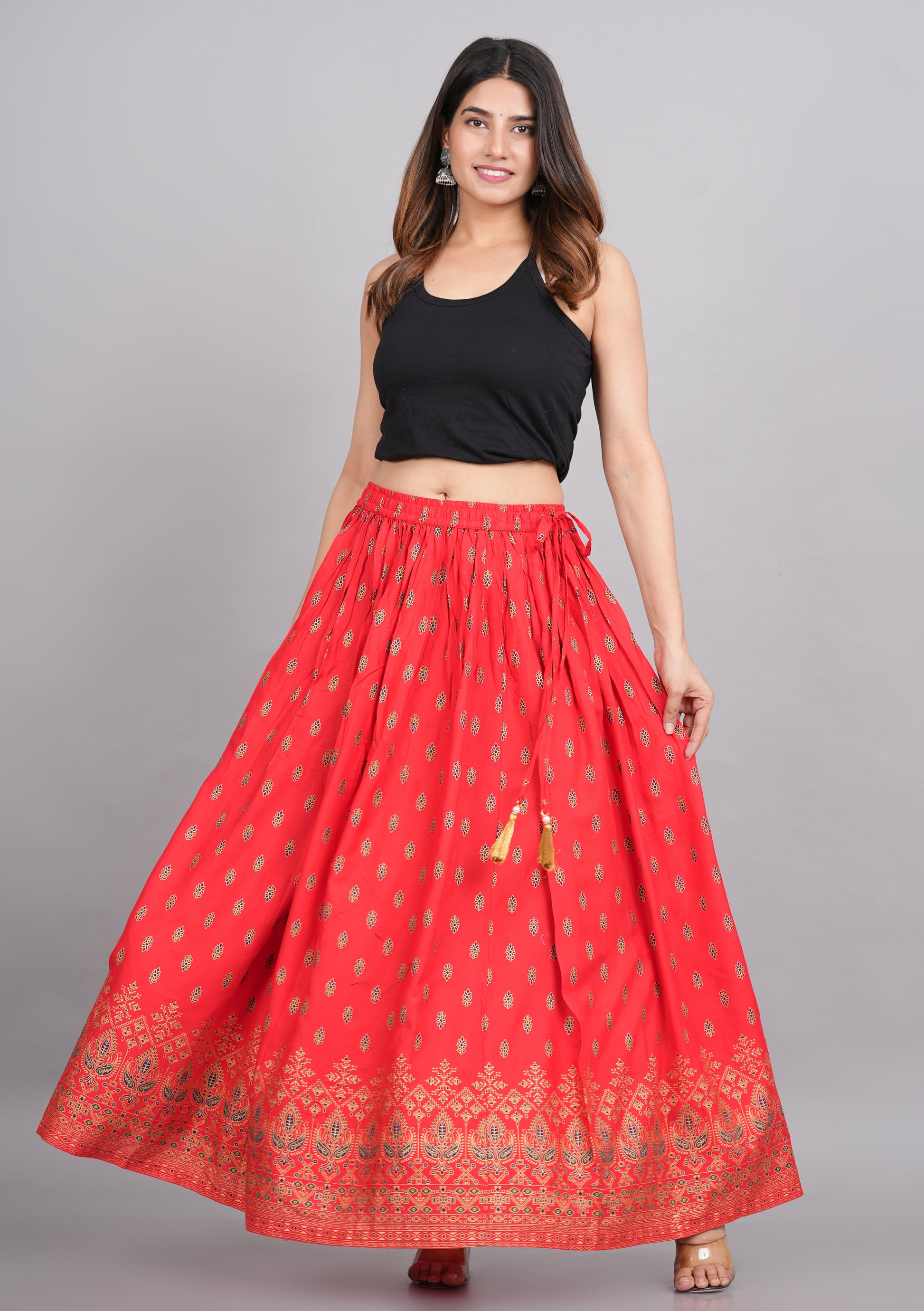 House of RP Women's Red Rayon Ethnic Printed Circular Skirt | Swadesiicart