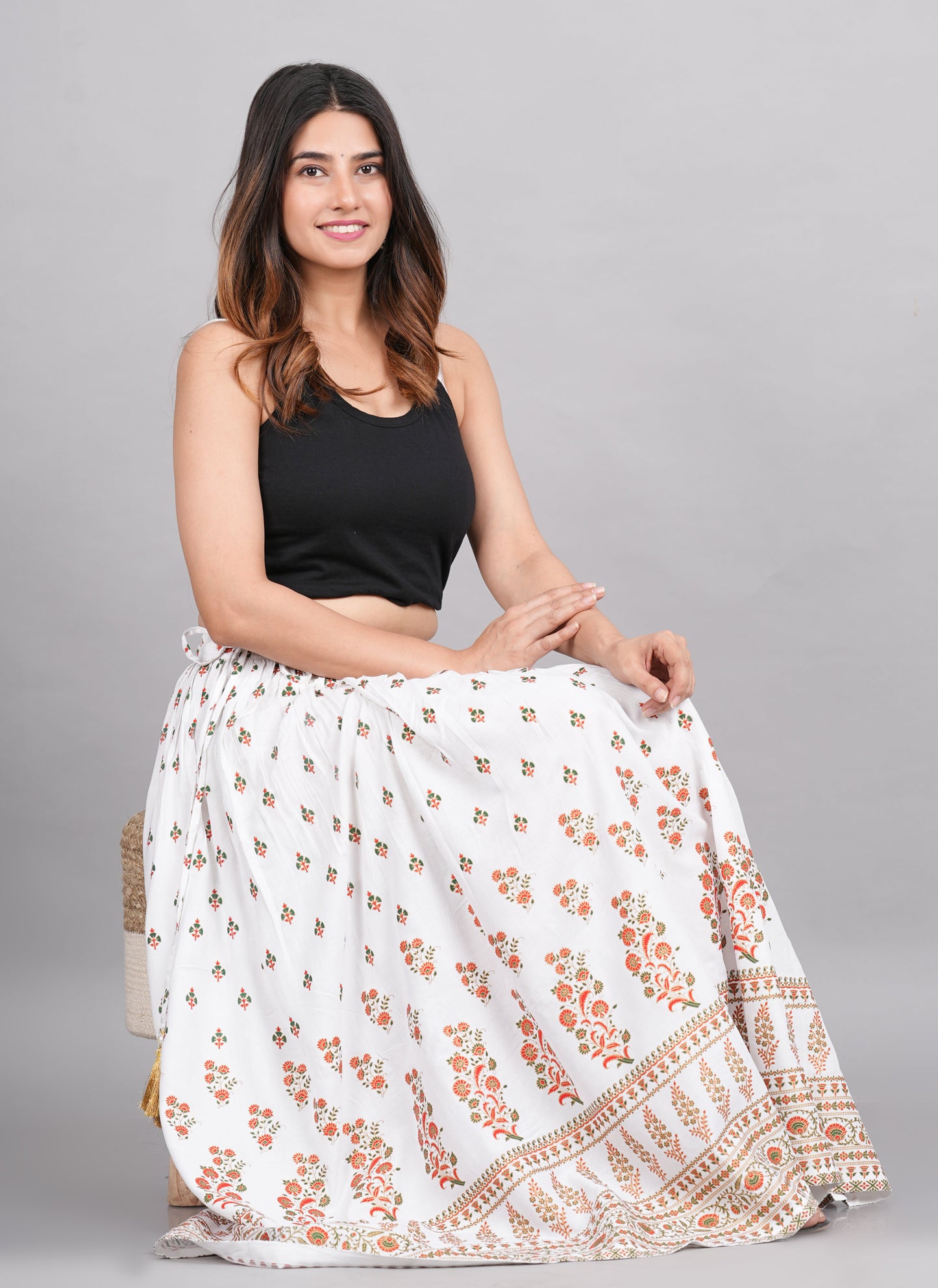 House of RP Women's White Rayon Ethnic Printed Circular Skirt | Swadesiicart