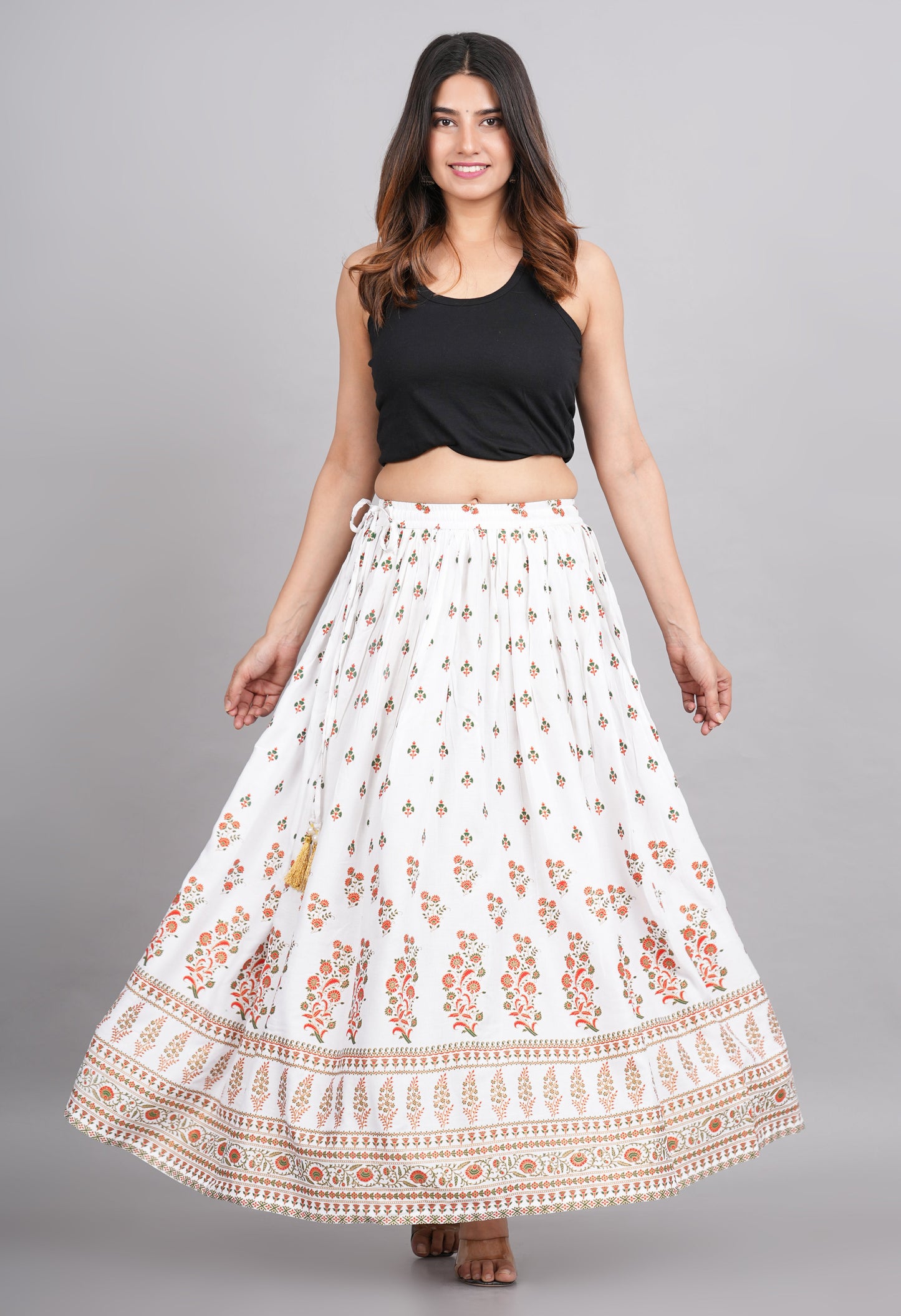 House of RP Women's White Rayon Ethnic Printed Circular Skirt | Swadesiicart