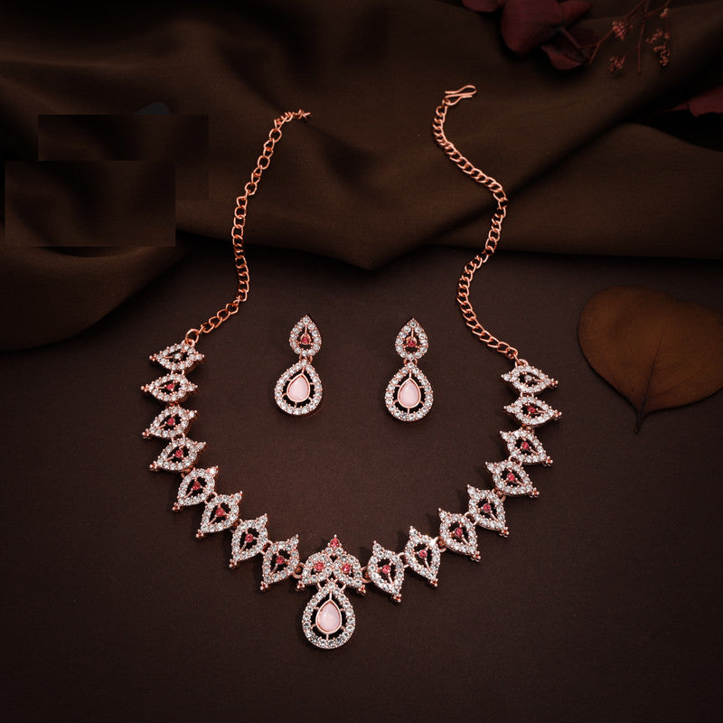 Tehzeeb Creations Pink Colour Diamond Choker Necklace Jewellery Set With Matching Pair of Earrings For Women And Girls - Swadesiicart