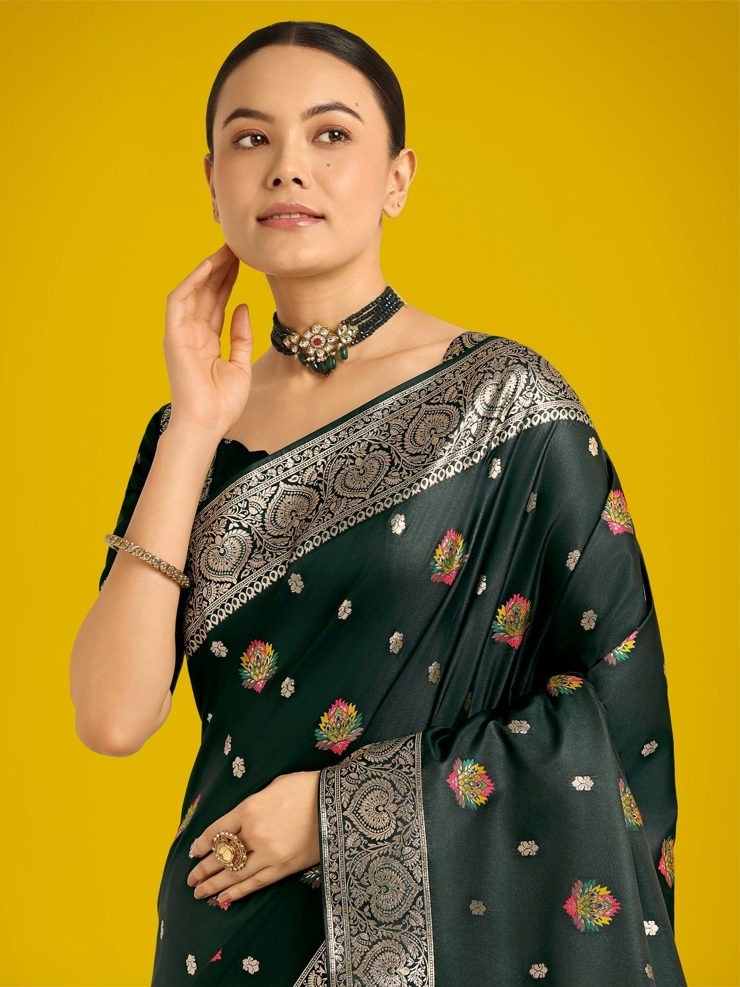 Monjolika Fashion Dark Green Charming Soft Banarasi Zari Woven Designer Satin Silk Saree With Lovely Blouse Piece | Swadesiicart