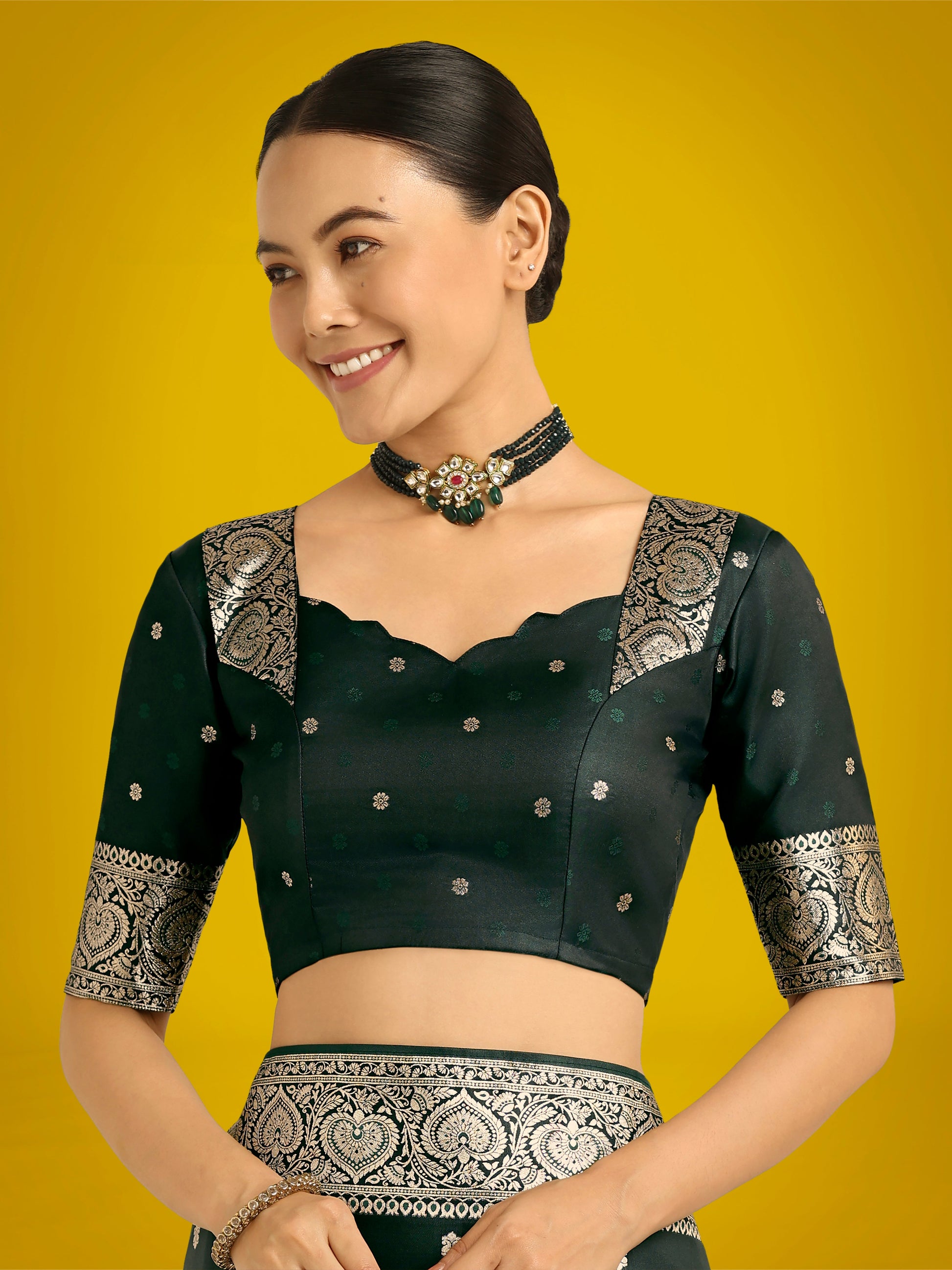 Monjolika Fashion Dark Green Charming Soft Banarasi Zari Woven Designer Satin Silk Saree With Lovely Blouse Piece | Swadesiicart
