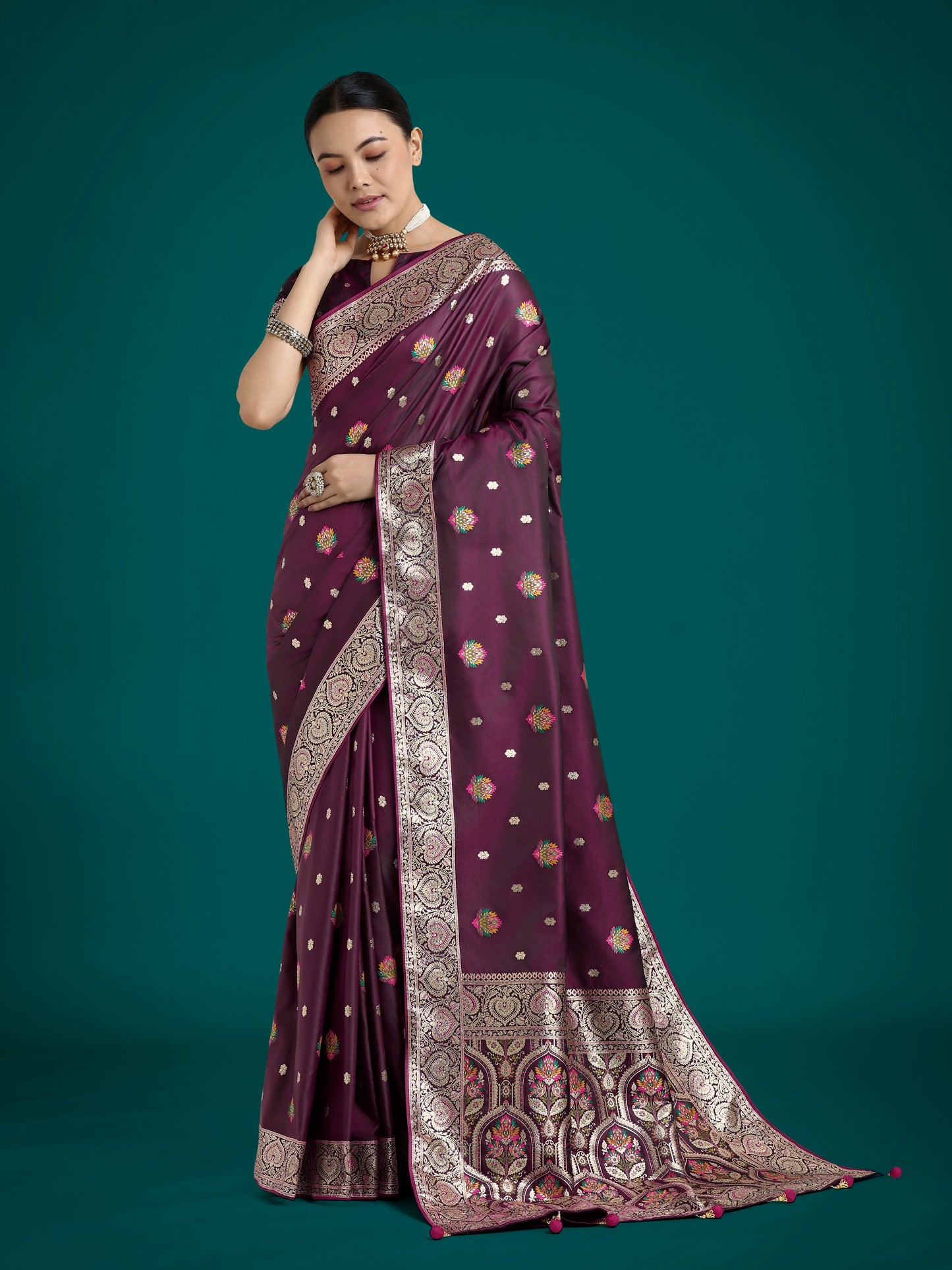 Monjolika Fashion Wine Charming Soft Banarasi Zari Woven Designer Satin Silk Saree With Lovely Blouse Piece | Swadesiicart
