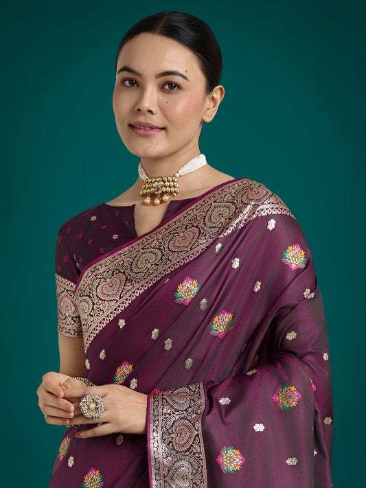 Monjolika Fashion Wine Charming Soft Banarasi Zari Woven Designer Satin Silk Saree With Lovely Blouse Piece | Swadesiicart