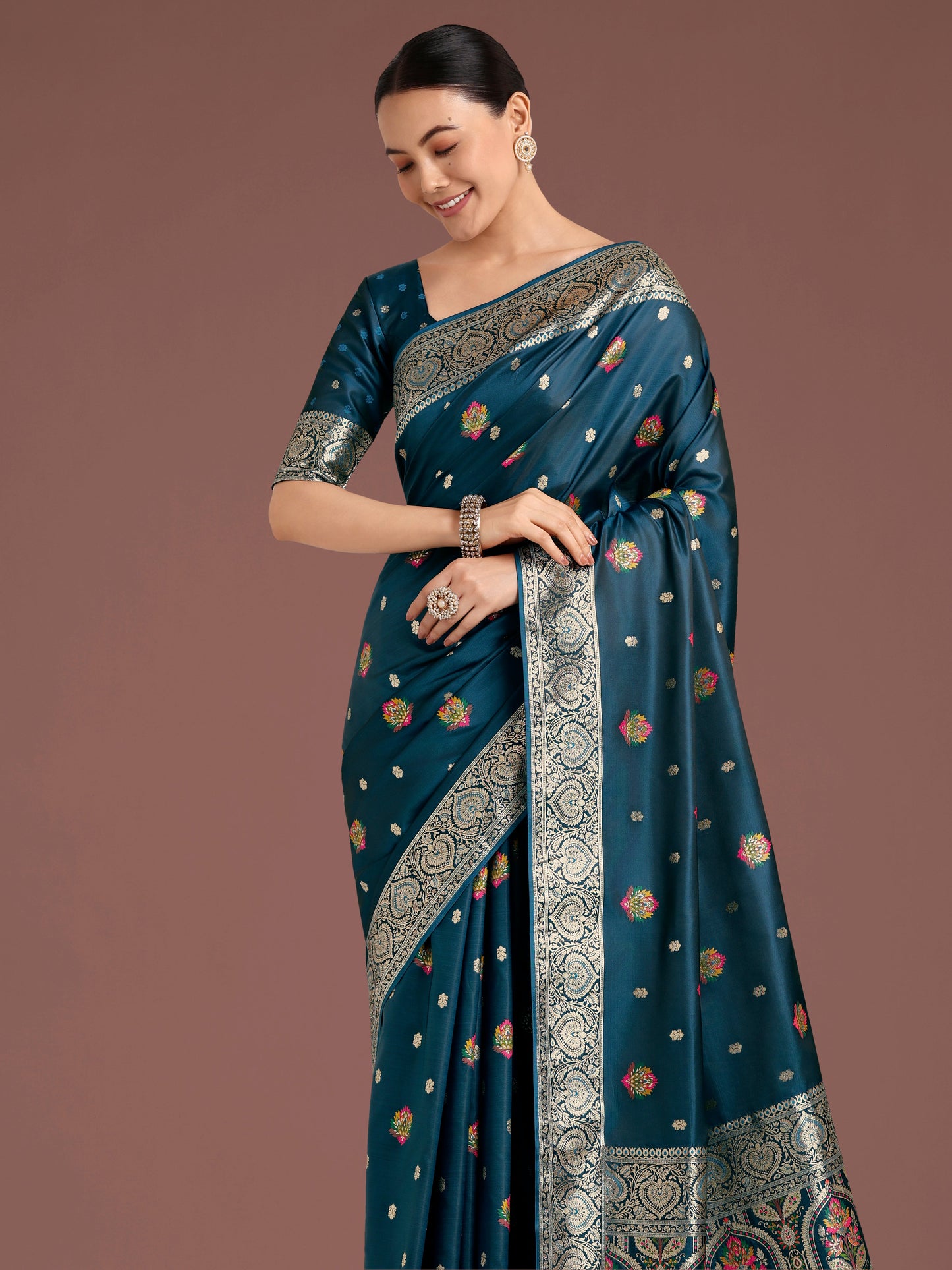 Monjolika Fashion Teal Charming Soft Banarasi Zari Woven Designer Satin Silk Saree With Lovely Blouse Piece | Swadesiicart