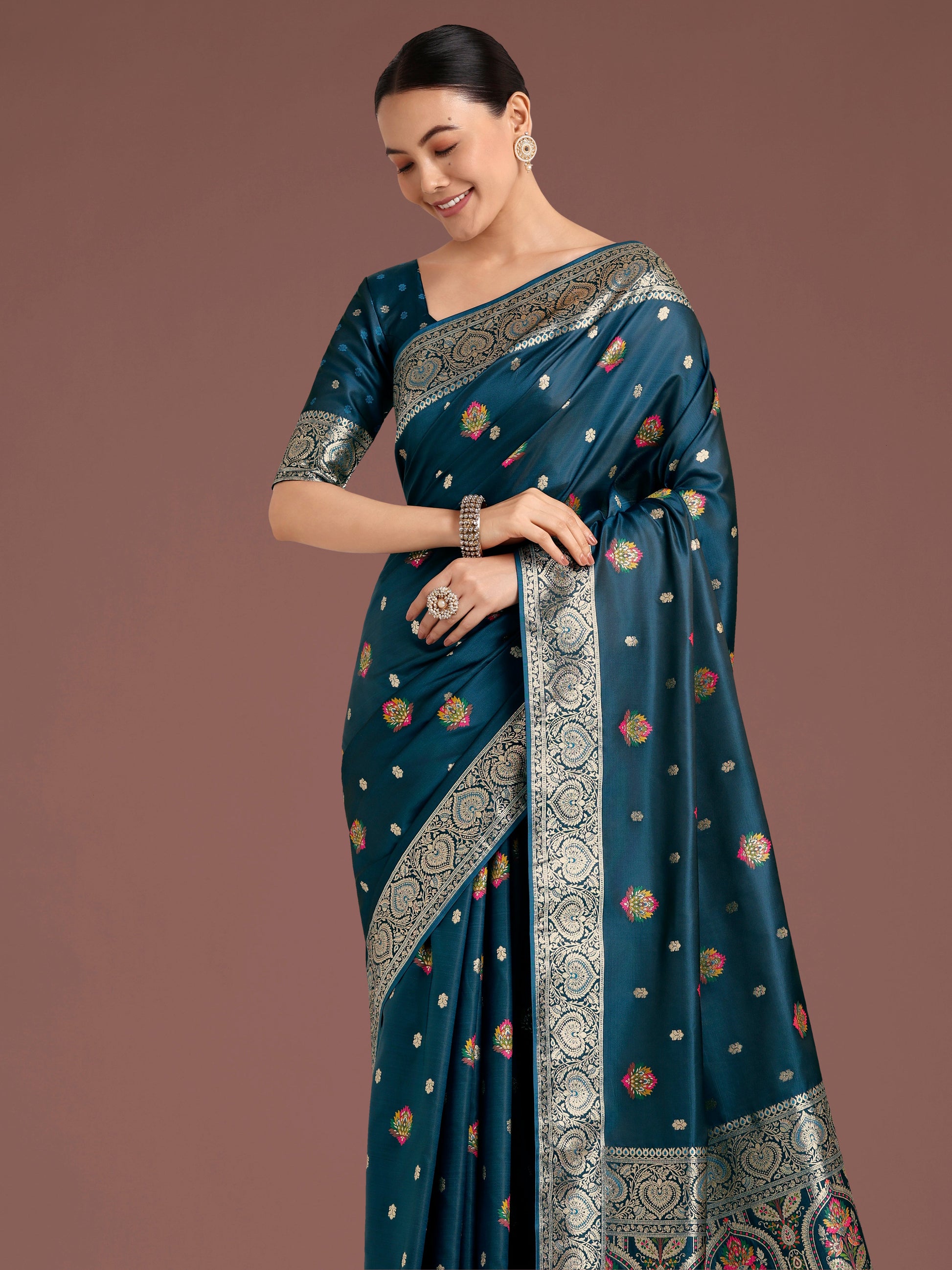 Monjolika Fashion Teal Charming Soft Banarasi Zari Woven Designer Satin Silk Saree With Lovely Blouse Piece | Swadesiicart