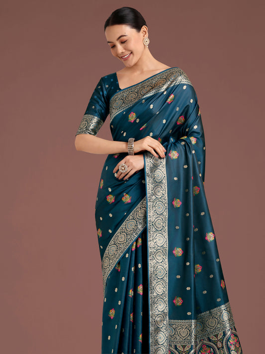 Monjolika Fashion Teal Charming Soft Banarasi Zari Woven Designer Satin Silk Saree With Lovely Blouse Piece | Swadesiicart