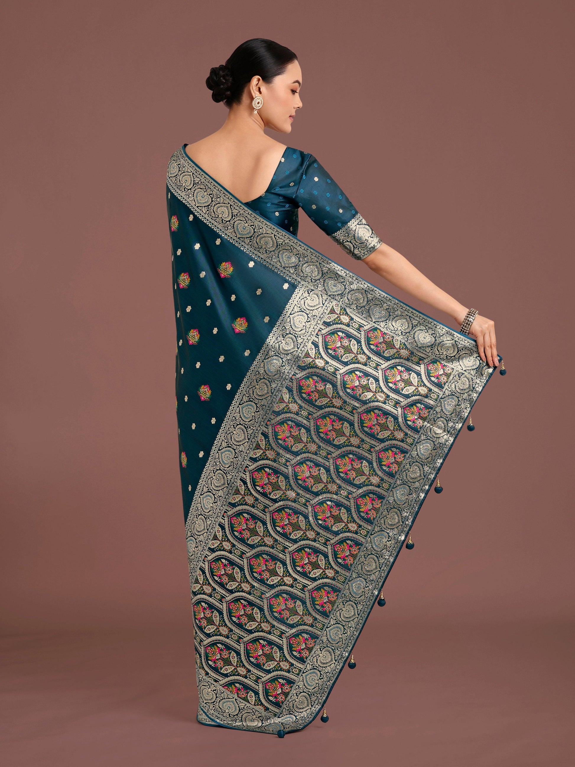 Monjolika Fashion Teal Charming Soft Banarasi Zari Woven Designer Satin Silk Saree With Lovely Blouse Piece | Swadesiicart