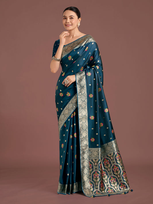Monjolika Fashion Teal Charming Soft Banarasi Zari Woven Designer Satin Silk Saree With Lovely Blouse Piece | Swadesiicart